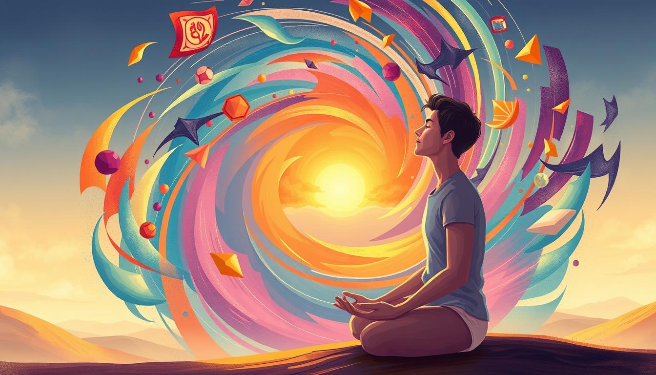 A vibrant and dynamic illustration depicting the cycle of craving control techniques. In the foreground, a person sits in a meditative pose, eyes closed, their expression one of focus and determination. Surrounding them, a swirling vortex of energy, with colorful shapes and forms representing the different stages of the craving control cycle. In the middle ground, these shapes transition from chaotic to more ordered, as the person gains mastery over their cravings. The background showcases a serene, abstract landscape, hinting at the sense of calm and clarity that can be achieved through the practice of these techniques. Soft, warm lighting casts a glow over the scene, creating an atmosphere of introspection and transformation. A vibrant and dynamic illustration depicting the cycle of craving control techniques. In the foreground, a person sits in a meditative pose, eyes closed, their expression one of focus and determination. Surrounding them, a swirling vortex of energy, with colorful shapes and forms representing the different stages of the craving control cycle. In the middle ground, these shapes transition from chaotic to more ordered, as the person gains mastery over their cravings. The background showcases a serene, abstract landscape, hinting at the sense of calm and clarity that can be achieved through the practice of these techniques. Soft, warm lighting casts a glow over the scene, creating an atmosphere of introspection and transformation.