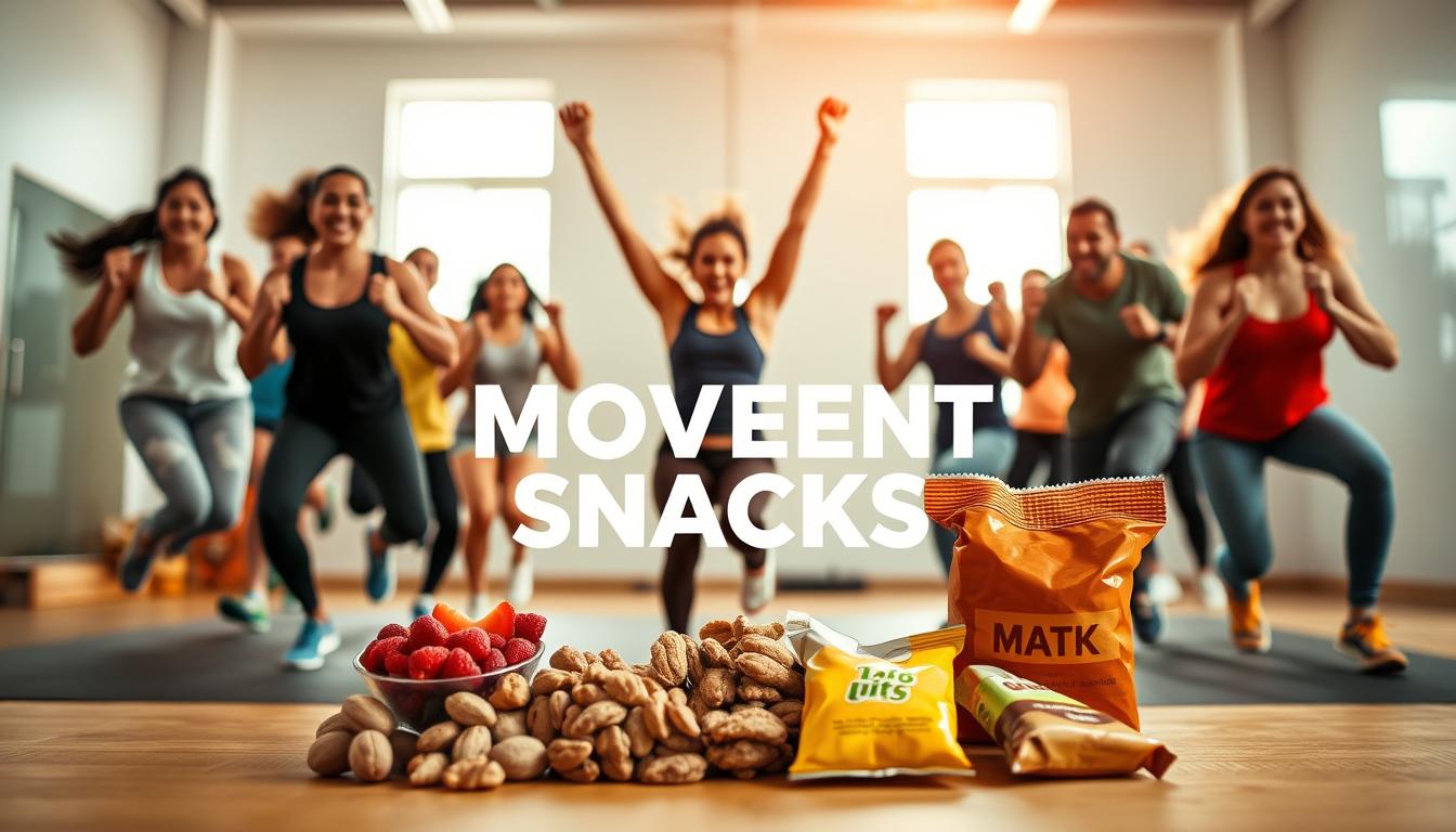 A vibrant and energetic scene showcasing the benefits of movement snacks. In the foreground, a group of dynamic individuals performing a variety of energizing exercises, such as jumping jacks, high knees, and bodyweight squats. Their expressions convey a sense of vitality and enthusiasm. In the middle ground, a selection of healthy, nutrient-dense snacks, including fruits, nuts, and energy bars, symbolizing the fuel that powers these movement-based activities. The background features a clean, well-lit gym setting, with minimal distractions, allowing the focus to remain on the movement and its positive effects. Warm, natural lighting illuminates the scene, creating a sense of motivation and wellbeing.