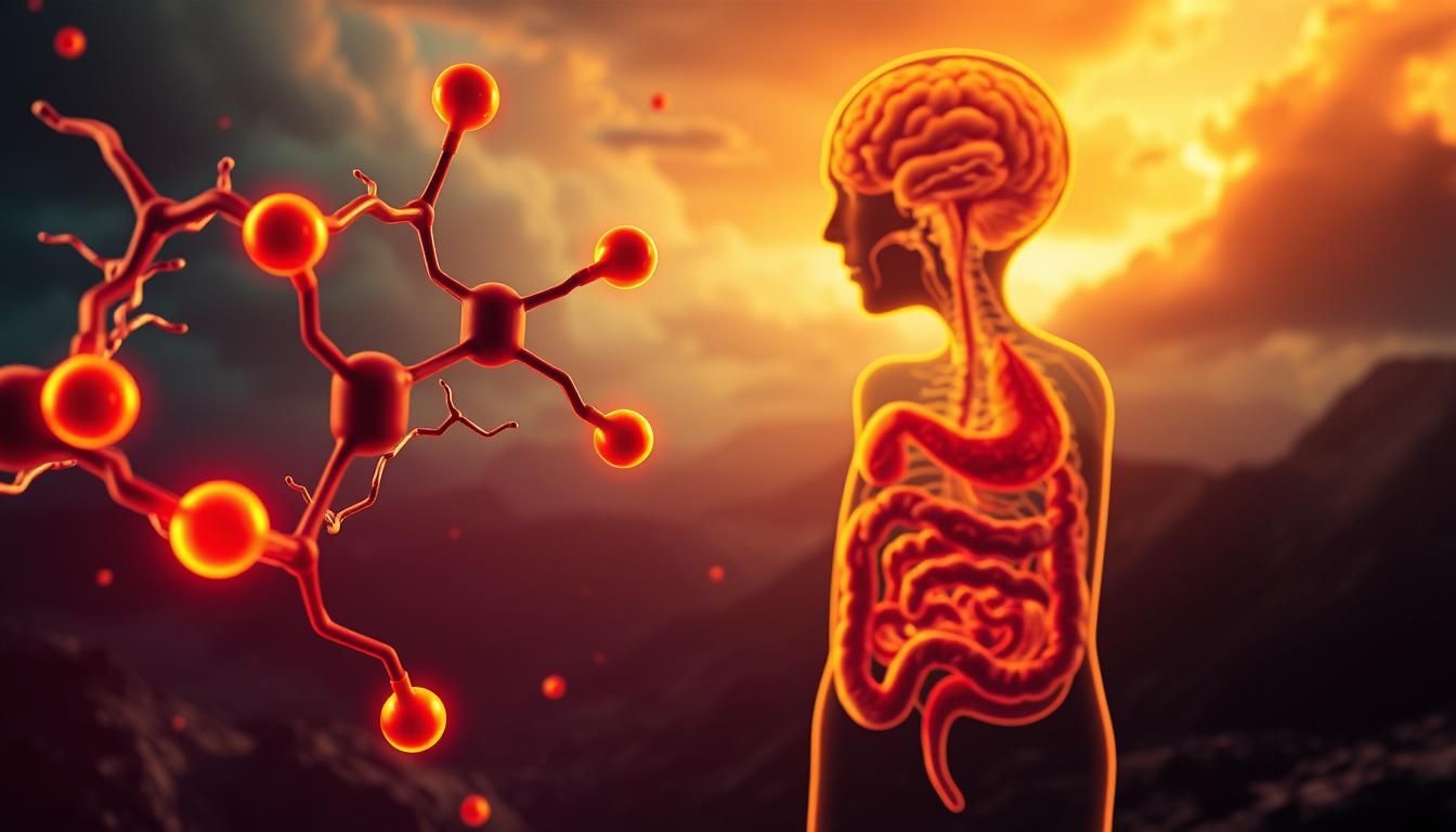 A vibrant and evocative illustration depicting the relationship between stress hormones and appetite. In the foreground, a dynamic representation of cortisol and ghrelin, the key hormones that regulate our stress response and hunger cues, intertwined and pulsing with energy. In the middle ground, a detailed anatomical rendering of the human brain and digestive system, showcasing the intricate neurological pathways that link our emotions and feeding behaviors. The background is a surreal, dreamlike landscape, hinting at the complex, subconscious processes that govern our cravings and compulsions during times of heightened stress. Dramatic lighting and a cinematic perspective create a sense of depth and drama, inviting the viewer to ponder the hidden mechanisms that drive our hidden hunger. A vibrant and evocative illustration depicting the relationship between stress hormones and appetite. In the foreground, a dynamic representation of cortisol and ghrelin, the key hormones that regulate our stress response and hunger cues, intertwined and pulsing with energy. In the middle ground, a detailed anatomical rendering of the human brain and digestive system, showcasing the intricate neurological pathways that link our emotions and feeding behaviors. The background is a surreal, dreamlike landscape, hinting at the complex, subconscious processes that govern our cravings and compulsions during times of heightened stress. Dramatic lighting and a cinematic perspective create a sense of depth and drama, inviting the viewer to ponder the hidden mechanisms that drive our hidden hunger.