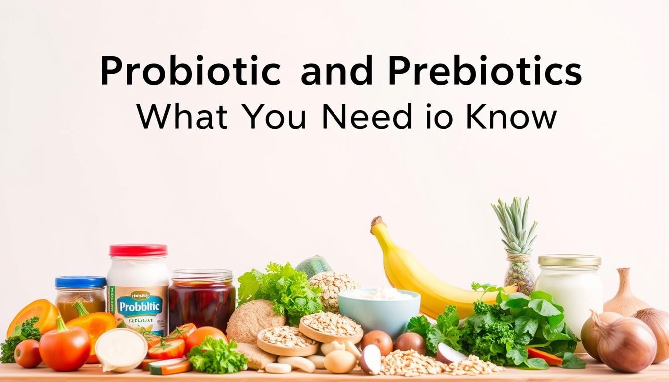 A vibrant and informative guide to probiotics and prebiotics, presented against a clean, minimalist background. In the foreground, an assortment of probiotic-rich foods and supplements, such as yogurt, kefir, and fermented vegetables, arranged in an appealing, visually balanced composition. In the middle ground, a selection of prebiotic-rich ingredients, including oats, bananas, and onions, creating a harmonious flow. The background features a soft, neutral gradient, allowing the subject matter to take center stage. Lighting is natural and diffused, highlighting the vibrant colors and textures of the various elements. The overall atmosphere conveys a sense of simplicity, health, and educational purpose, suitable for illustrating the "Probiotics and Prebiotics: What You Need to Know" section of the article.