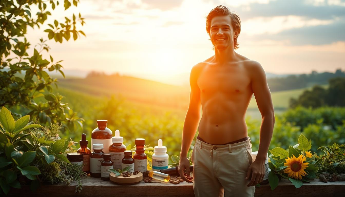 A vibrant and insightful scene depicting the benefits of functional medicine for chronic conditions. In the foreground, a healthy, glowing individual stands confidently, symbolizing the restorative power of personalized healthcare. The middle ground showcases a selection of natural remedies and supplements, each element carefully arranged to suggest a holistic approach to wellness. In the background, a serene landscape with verdant foliage and a calming sky conveys the harmony and balance achieved through functional medicine's focus on the whole person. Soft, natural lighting illuminates the scene, creating a sense of tranquility and well-being. This image captures the essence of functional medicine's ability to address the root causes of chronic conditions and empower individuals to reclaim their health.