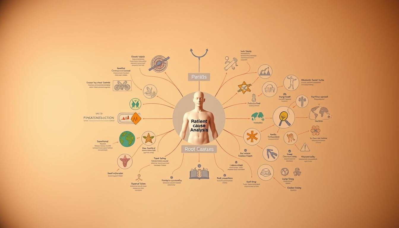 A vibrant and intricate diagram showcasing the root cause analysis process in functional medicine. In the foreground, a central node representing the patient's overall health, surrounded by interconnected elements such as genetics, environment, lifestyle, and various physiological systems. In the middle ground, detailed illustrations of these interconnected factors, each meticulously explored to uncover the underlying causes of the patient's condition. The background features a subtle, muted color palette, creating a sense of depth and emphasizing the complexity of the analysis. Warm lighting casts a gentle glow, evoking a feeling of thoughtful contemplation. The overall composition conveys the holistic, personalized approach of functional medicine, guiding the viewer towards a deeper understanding of this comprehensive healthcare model.