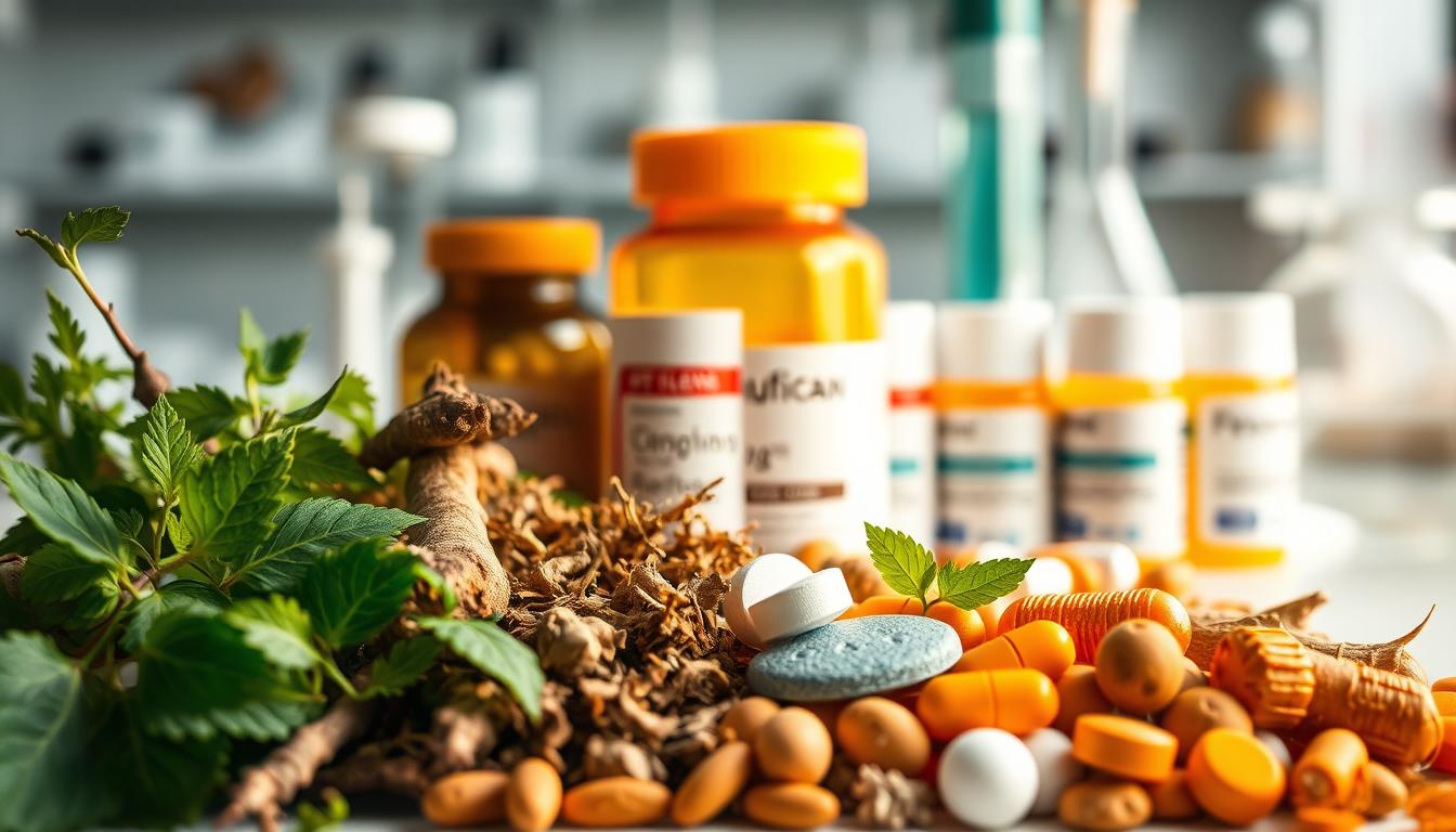 A vibrant and striking comparison of herbal supplements and prescription drugs, showcasing their safety profiles. In the foreground, an array of natural herbs, roots, and leaves, exuding a warm, earthy tone. In the middle ground, a selection of prescription medication bottles, their clean, clinical lines contrasting the organic forms of the herbal ingredients. The background depicts a laboratory-like setting, with subtle glassware and scientific equipment, hinting at the rigorous testing and research involved in both realms. Soft, diffused lighting casts a sense of contemplation and balance, inviting the viewer to consider the nuances of these two approaches to health and wellness.