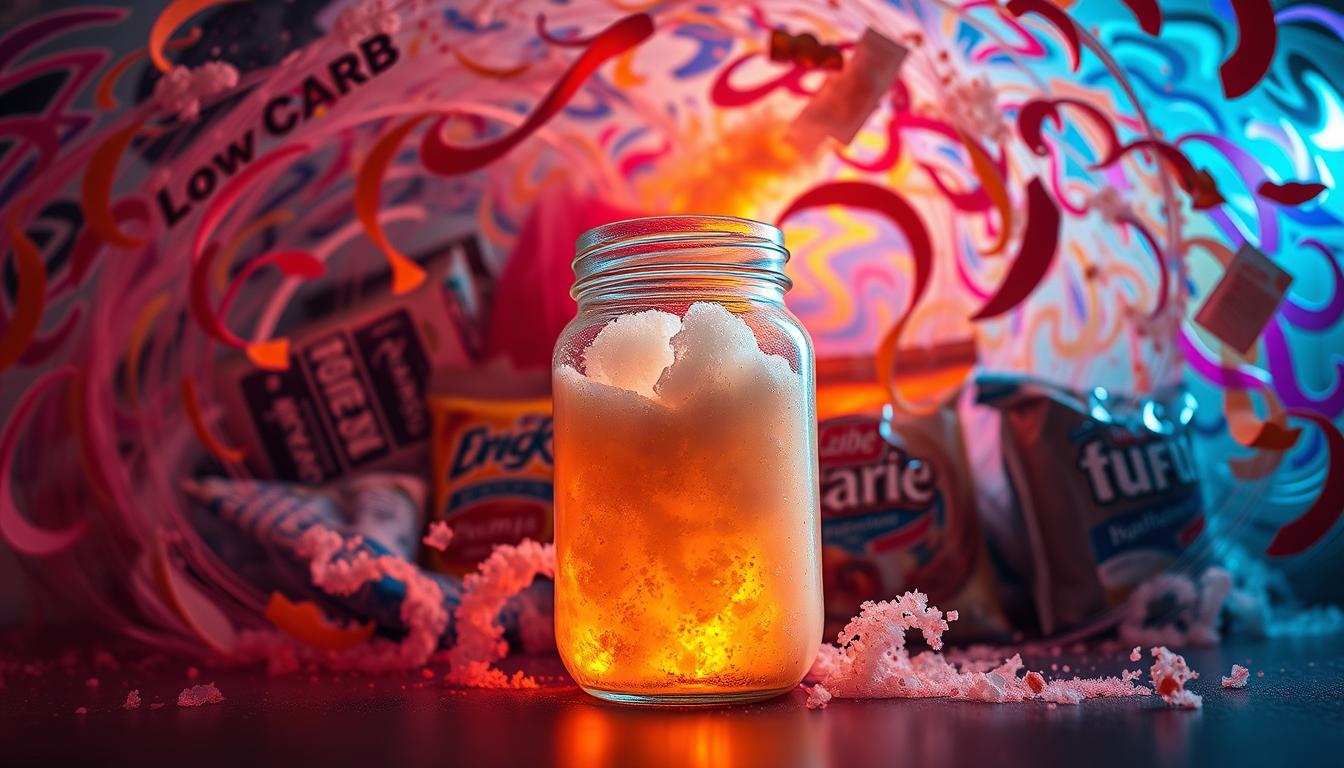 A vibrant and swirling composition showcasing the hidden carbohydrates lurking within ostensibly "low-carb" products. In the foreground, a translucent glass jar filled with a viscous, sugary substance, casting a warm glow. Surrounding it, a whirlwind of colorful abstract shapes and textures, representing the myriad of carbohydrates obscured by misleading labeling. The middle ground features various packaged "low-carb" items, their true nutritional profiles obscured by clever marketing. The background is a kaleidoscopic blend of jewel-toned hues, evoking a sense of deception and the hidden dangers of overconsuming hidden carbs. Dramatic lighting casts dramatic shadows, heightening the sense of mystery and unease. Captured with a wide-angle lens to emphasize the visual complexity of the scene.