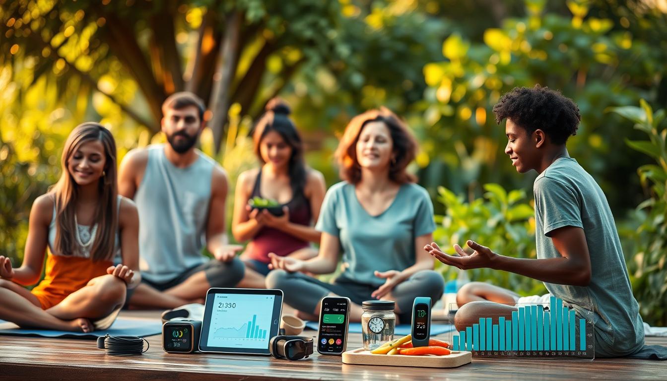 A vibrant and thoughtful study scene, capturing the essence of long-term health improvements. In the foreground, a group of diverse individuals engaged in various wellness activities - yoga, meditation, and nutritious meal preparation. The middle ground features an array of health-tracking devices and data visualizations, showcasing the progress and insights gained over time. The background is a serene, natural setting with lush greenery, evoking a sense of tranquility and balance. Soft, warm lighting illuminates the scene, creating a positive and inspiring atmosphere. The composition is well-balanced, drawing the viewer's attention to the central theme of holistic, long-term health improvements.