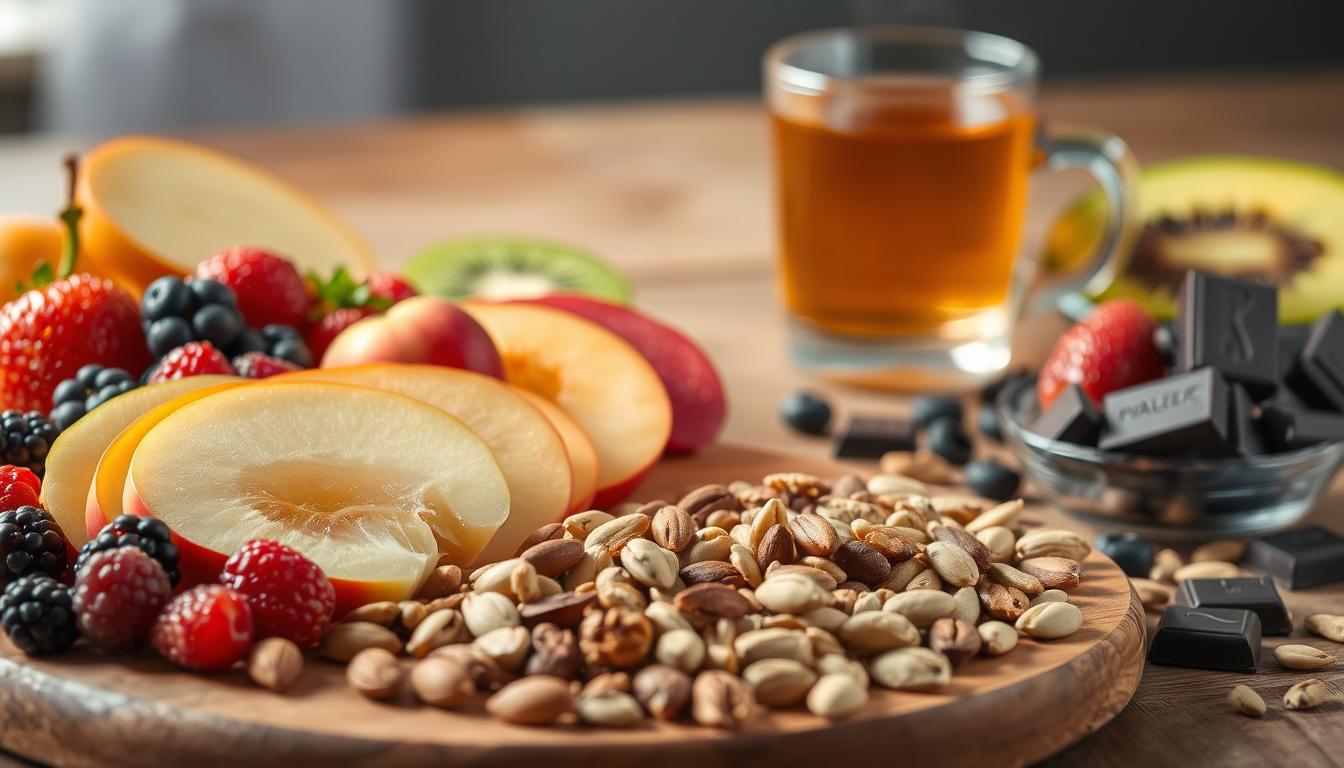 A vibrant and visually appealing still life showcasing a selection of healthy late-night snack options. In the foreground, an array of fresh fruits including sliced apples, berries, and kiwi, neatly arranged on a wooden board. In the middle ground, a handful of crunchy nuts and seeds such as almonds, walnuts, and pumpkin seeds, scattered across the scene. The background features a glass of refreshing herbal tea, steaming gently, and a small bowl of dark chocolate squares, providing a touch of indulgence. The lighting is soft and natural, highlighting the vibrant colors and textures of the snacks. The overall mood is one of balance, health, and mindful indulgence.