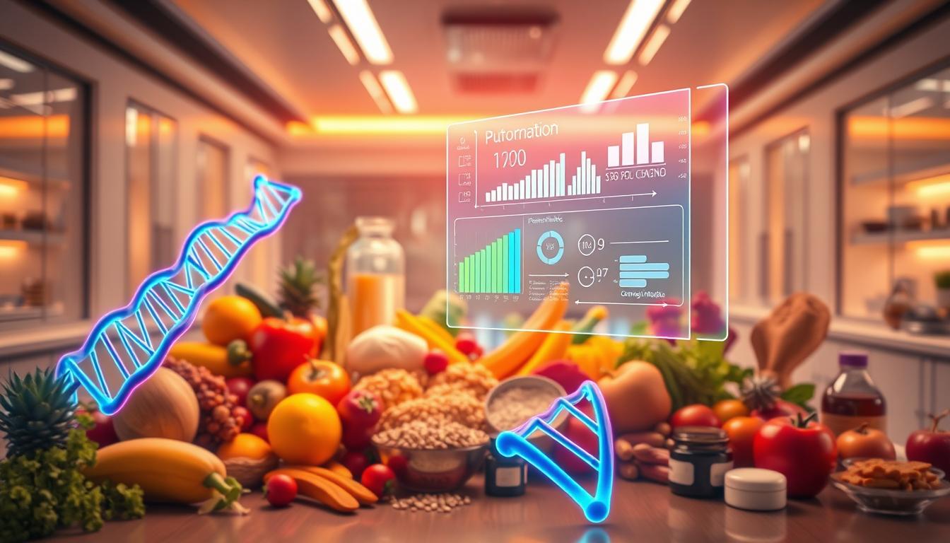 A vibrant and visually captivating image depicting the intersection of nutrigenomics and personalized nutrition. In the foreground, a DNA helix glows with a vibrant neon hue, symbolizing the genetic foundations of individualized dietary requirements. Surrounding it, a collage of diverse food items - fresh fruits, vegetables, whole grains, and supplements - represent the tailored nutritional approach. In the middle ground, a floating, holographic display showcases personalized health metrics and dietary recommendations, generated through advanced data analysis. The background features a sleek, futuristic laboratory setting, with clean lines and a minimalist aesthetic, conveying the cutting-edge nature of this field. Warm, ambient lighting and a slightly hazy, dreamlike atmosphere imbue the scene with a sense of wonder and scientific exploration.