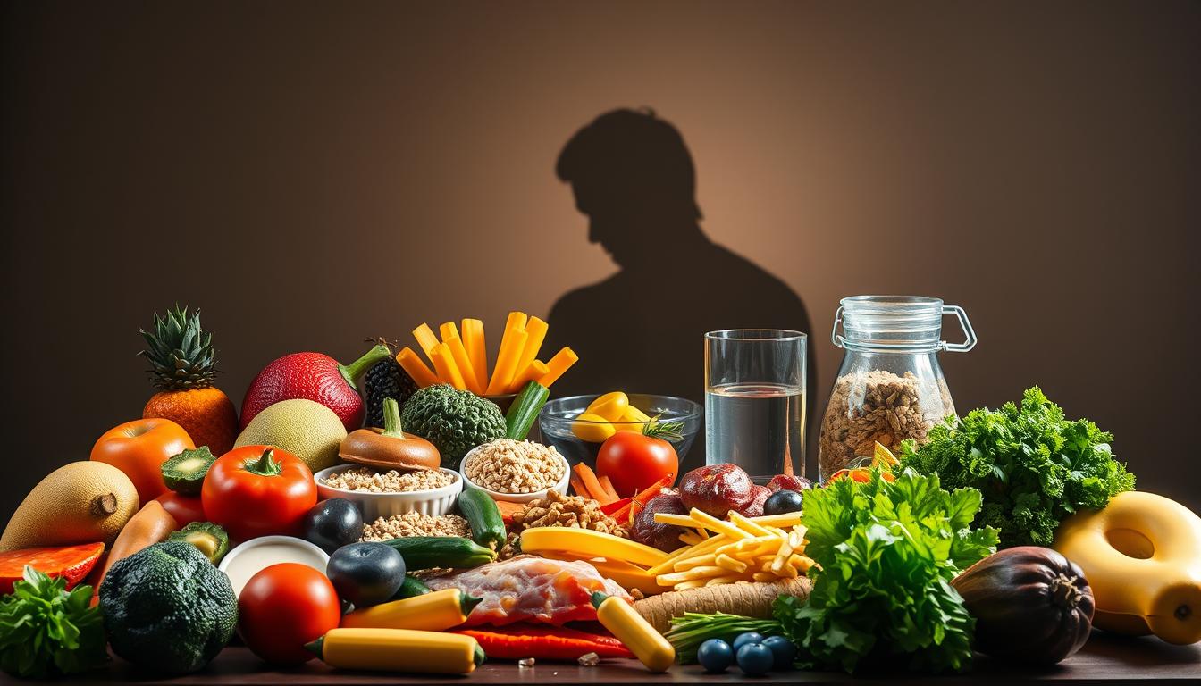A vibrant and visually engaging still life showcasing the relationship between diet and cancer risk. In the foreground, an array of colorful and nutrient-dense foods - fresh fruits, vegetables, whole grains, and lean proteins - symbolizing a healthy, cancer-preventive diet. In the middle ground, a glass of water and a pill bottle, representing the potential role of supplements and hydration in cancer prevention. In the background, a shadowy silhouette of an unhealthy, processed meal, evoking the increased cancer risk associated with poor dietary choices. Dramatic lighting casts dramatic shadows, heightening the contrast between the two dietary approaches. The overall composition conveys the powerful impact that our daily food selections can have on our long-term health and cancer susceptibility.