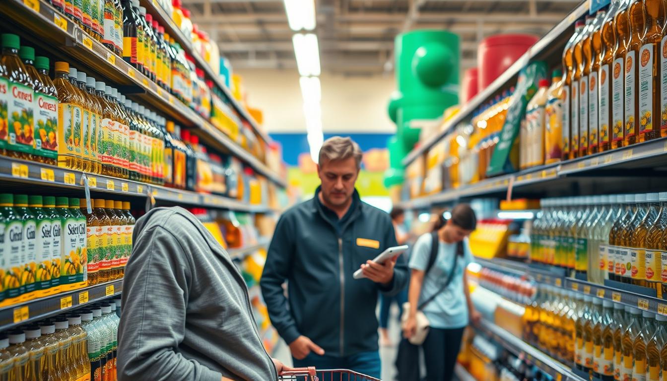 A vibrant and well-lit grocery store aisle, with a shopper carefully examining the labels on various cooking oil bottles. The foreground features a wide variety of seed oils - soybean, corn, canola, and others - displayed on the shelves, their bottles catching the warm, natural lighting. In the middle ground, the shopper stands with a contemplative expression, brow furrowed as they compare the nutritional information and ingredients. The background showcases the bustling activity of the store, with other shoppers passing by, creating a sense of purpose and intention in the scene. The overall atmosphere conveys the importance of making informed choices about the oils we consume, with a focus on avoiding those that may be detrimental to our health.