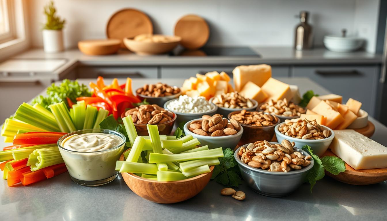 A vibrant, appetizing array of low-carb snack options arranged on a sleek, minimalist kitchen counter. In the foreground, a selection of fresh vegetables, including crisp celery sticks, crunchy cucumber slices, and colorful bell pepper strips, accompanied by creamy avocado dip and tangy ranch dressing. The middle ground features a variety of nutty options, such as roasted almonds, savory mixed nuts, and crunchy pumpkin seeds, neatly organized in small bowls. In the background, a variety of cheeses, including sliced cheddar, creamy brie, and crumbly feta, are elegantly displayed. The scene is bathed in warm, natural lighting, creating a cozy and inviting atmosphere. The overall composition conveys a sense of healthy indulgence and mindful snacking.