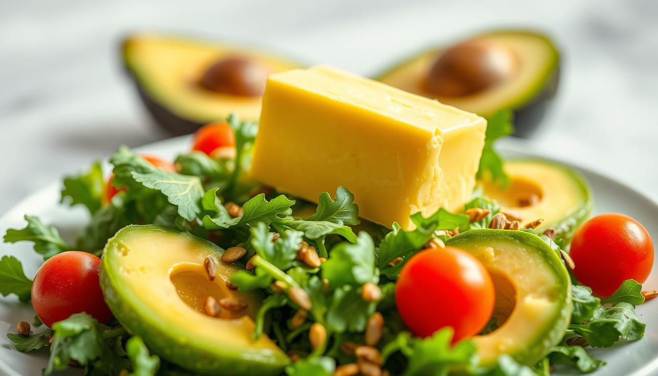 A vibrant, appetizing composition featuring a golden pat of premium butter nestled atop a bed of fresh greens, complemented by sliced avocado, cherry tomatoes, and a sprinkle of toasted seeds. The scene is illuminated by soft, natural lighting, highlighting the rich, creamy texture of the butter and the vibrant colors of the healthy ingredients. The overall mood is one of balance and wellness, showcasing how butter can be seamlessly incorporated into a nutritious, anti-inflammatory diet. A vibrant, appetizing composition featuring a golden pat of premium butter nestled atop a bed of fresh greens, complemented by sliced avocado, cherry tomatoes, and a sprinkle of toasted seeds. The scene is illuminated by soft, natural lighting, highlighting the rich, creamy texture of the butter and the vibrant colors of the healthy ingredients. The overall mood is one of balance and wellness, showcasing how butter can be seamlessly incorporated into a nutritious, anti-inflammatory diet.