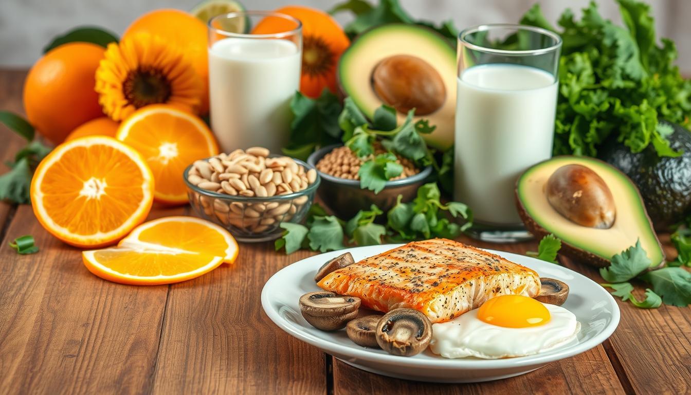 A vibrant, appetizing still life showcasing a variety of nutritious, vitamin D-rich foods arranged on a wooden table. In the foreground, a plate features grilled salmon, egg yolks, and sliced mushrooms. In the middle ground, a glass of fortified milk and a bowl of crunchy sunflower seeds stand out against a backdrop of leafy greens, juicy orange slices, and creamy avocado wedges. The lighting is soft and natural, highlighting the vivid colors and textures of the ingredients. The overall composition conveys a sense of health, abundance, and the ease of incorporating vitamin D into a balanced, delicious diet.