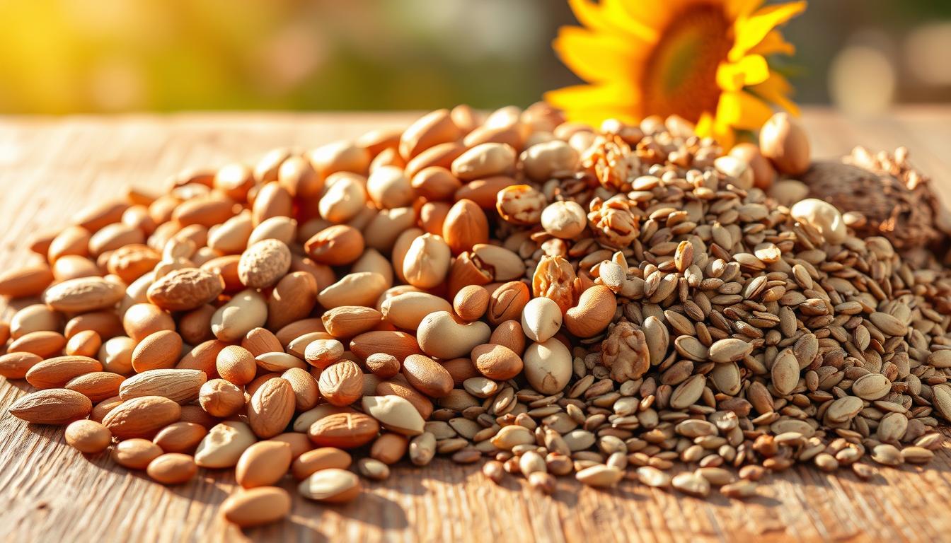 A vibrant arrangement of assorted anti-aging nuts and seeds, bathed in warm, golden light. In the foreground, a mix of almonds, walnuts, cashews, and sunflower seeds spill across a rustic wooden surface. Midground features a scattering of chia, flax, and pumpkin seeds, their textures and colors contrasting beautifully. The background hints at a soft, blurred natural setting, suggesting a serene, wholesome atmosphere. The lighting accentuates the rich, earthy tones and healthy sheen of the various nuts and seeds, inviting the viewer to appreciate their bountiful, nourishing qualities.