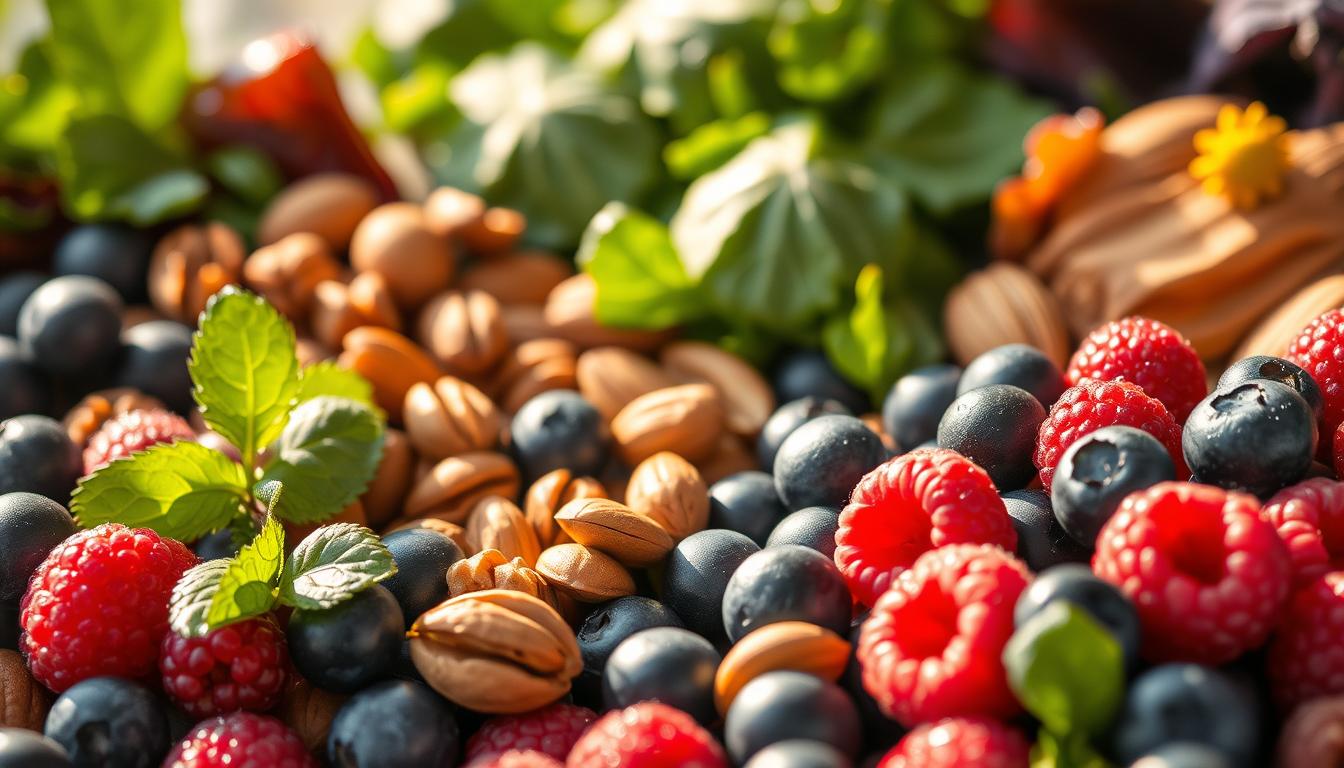 A vibrant arrangement of nutrient-dense anti-aging foods, bathed in warm, natural lighting and captured from a slightly elevated angle. In the foreground, an array of colorful berries, including blueberries, raspberries, and acai, glistening with morning dew. In the middle ground, a scattering of walnuts, almonds, and hazelnuts, their textures and tones complementing the berries. In the background, leafy greens such as kale, spinach, and Swiss chard, their deep hues and lush forms creating a lush, verdant backdrop. The overall composition evokes a sense of vitality, health, and the restorative power of nature's finest anti-aging ingredients.