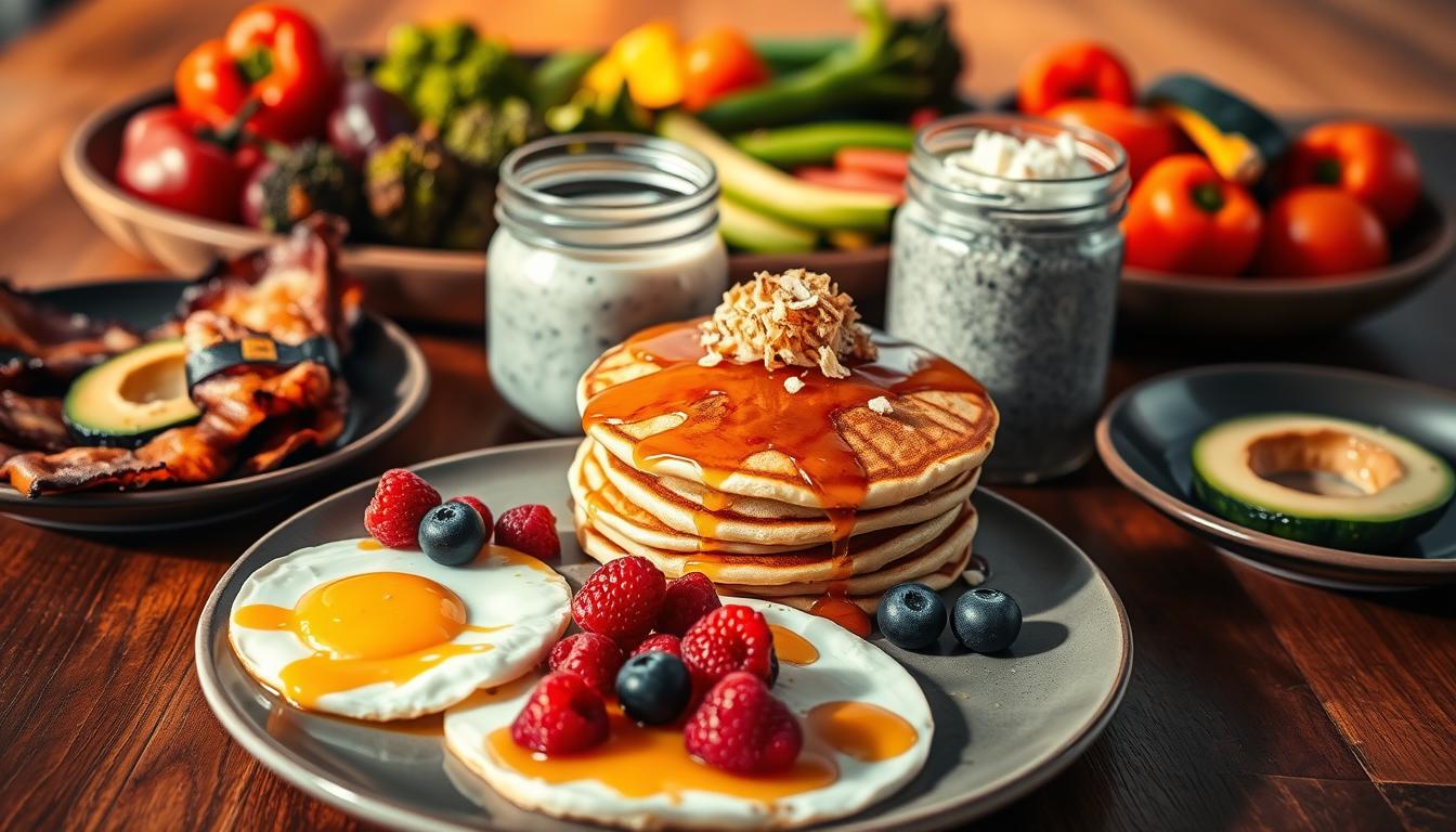 A vibrant array of low-carb breakfast options arranged artfully on a wooden table. In the foreground, a stack of fluffy keto-friendly pancakes drizzled with sugar-free syrup and scattered with fresh berries. Beside it, a plate of sizzling bacon, avocado slices, and a soft-boiled egg with a runny yolk. In the middle ground, a glass jar filled with creamy chia pudding topped with toasted coconut flakes. In the background, a platter of roasted vegetables, including broccoli, bell peppers, and zucchini, adding pops of color. The scene is bathed in warm, natural lighting, casting a cozy glow over the low-carb delights. The overall mood is one of health, indulgence, and culinary satisfaction.
