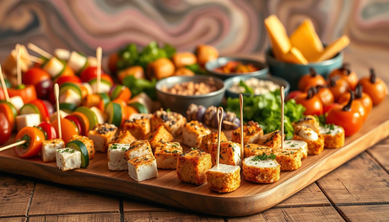 A vibrant array of low-carb finger foods and appetizers artfully arranged on a rustic wooden table, bathed in soft, warm lighting. A variety of skewered vegetables, cheese cubes, and protein-rich bites beckoning guests to indulge guilt-free. The scene exudes a casual, inviting atmosphere, perfect for social gatherings where health-conscious choices take center stage. The composition is balanced, with the food items positioned in a visually appealing manner, complemented by a subtle background of swirling colors that add depth and visual interest. The overall impression is one of effortless, satisfying low-carb solutions that cater to the needs of the modern, health-conscious individual. A vibrant array of low-carb finger foods and appetizers artfully arranged on a rustic wooden table, bathed in soft, warm lighting. A variety of skewered vegetables, cheese cubes, and protein-rich bites beckoning guests to indulge guilt-free. The scene exudes a casual, inviting atmosphere, perfect for social gatherings where health-conscious choices take center stage. The composition is balanced, with the food items positioned in a visually appealing manner, complemented by a subtle background of swirling colors that add depth and visual interest. The overall impression is one of effortless, satisfying low-carb solutions that cater to the needs of the modern, health-conscious individual.