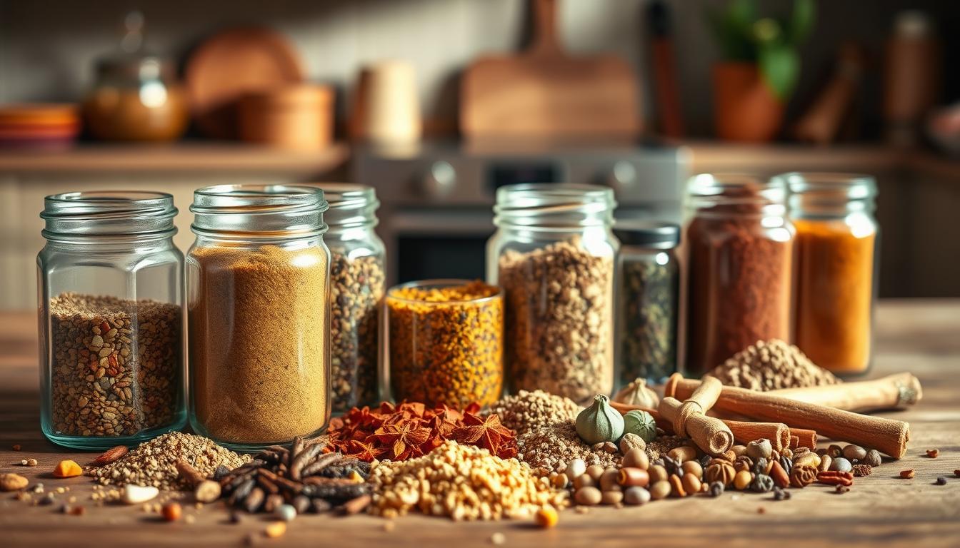A vibrant array of low-carb spice blends, meticulously crafted with earthy tones and aromatic notes. In the foreground, an assortment of glass jars filled with a spectrum of spices, each one a unique combination of flavors. The middle ground showcases an artistic arrangement of whole spices, their shapes and textures complementing the jars. In the background, a softly blurred kitchen countertop, hinting at the culinary creations these blends will inspire. Warm, natural lighting casts a subtle glow, accentuating the depth and richness of the spices. The overall scene evokes a sense of artisanal craftsmanship and the allure of flavorful, low-carb culinary possibilities.