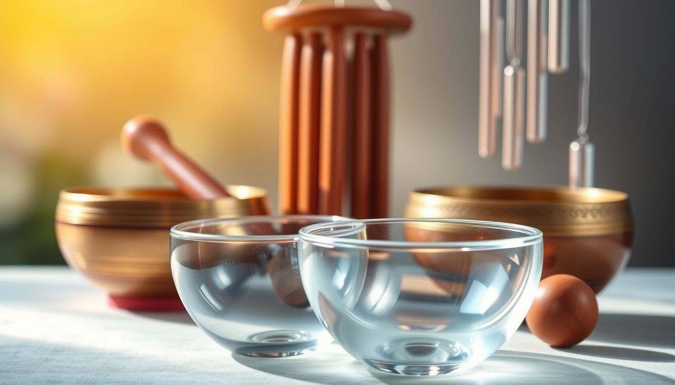 A vibrant array of sound therapy instruments set against a softly lit, serene backdrop. In the foreground, a crystal singing bowl, its smooth, glistening surface catching the light. Nearby, a set of Tibetan singing bowls, their concentric rings creating a mesmerizing visual harmony. In the middle ground, a hand-carved wooden chime, its elegant, tapered design evoking a sense of tranquility. In the background, a gently swaying wind chime, its delicate metallic tones suspended in the air, creating a soothing ambiance. The overall scene exudes a calming, restorative energy, perfectly capturing the essence of "Types of Sound Therapy for Mental Well-Being".