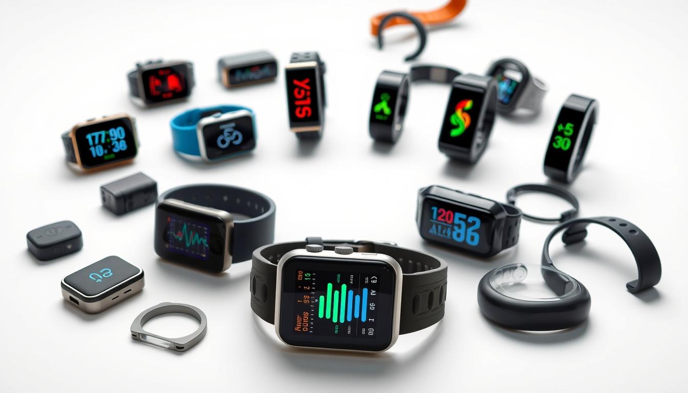 A vibrant array of wearable biometric devices arranged on a minimalist white background. In the foreground, a sleek smartwatch with a glowing display showcasing real-time biometric data. Surrounding it, a variety of sensors and tracking modules - heart rate monitors, activity trackers, and sleep analyzers - all seamlessly integrated into a cohesive ecosystem. The middle ground features a variety of ergonomic, lightweight form factors, designed for optimal comfort and performance during various activities. In the background, a blurred silhouette of a person engaged in fitness or wellness routines, emphasizing the devices' practical applications for enhanced health and productivity.