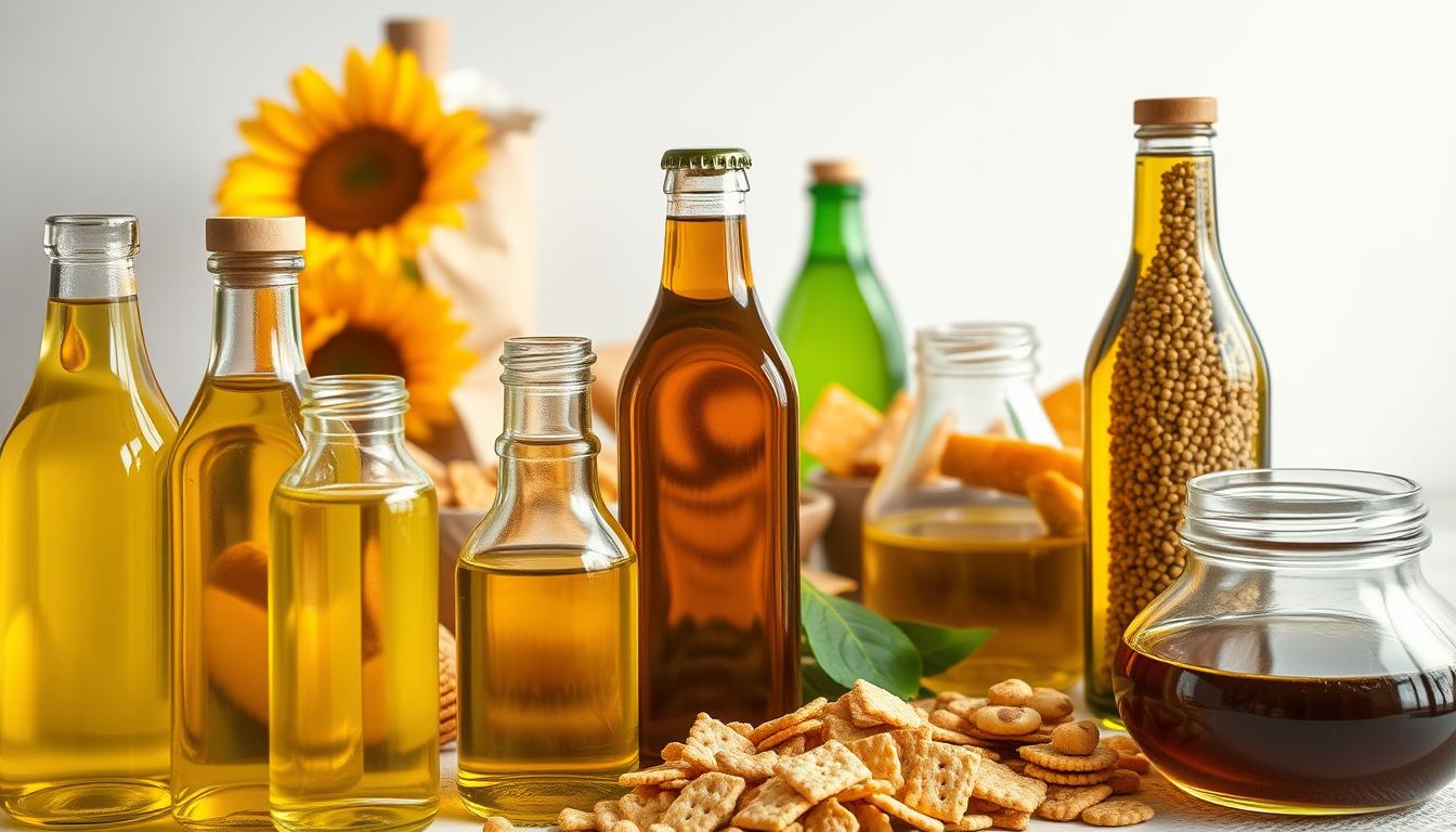 A vibrant assortment of various seed oils, such as sunflower, canola, and soybean, prominently displayed in the foreground. The oils are presented in glass bottles or jars, capturing the rich colors and textures of the liquids. In the middle ground, processed food items like crackers, baked goods, and fried snacks are arranged, highlighting the ubiquity of seed oils in modern processed foods. The background features a clean, minimalist setting, with neutral tones to draw the viewer's focus to the central elements. Soft, natural lighting illuminates the scene, creating a balanced and visually appealing composition that emphasizes the prevalence of seed oils in the processed food industry.