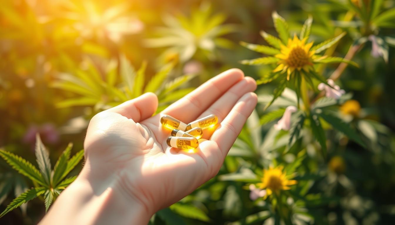 A vibrant close-up of a human hand gently holding delicate CBD oil capsules against a soft, blurred background of green cannabis leaves and flowers. The lighting is warm and natural, casting a gentle glow on the scene. The focus is sharp on the hand and the capsules, drawing the viewer's attention to the potential therapeutic benefits of CBD for epilepsy and pain relief. The overall composition conveys a sense of hope, wellness, and the power of natural remedies.