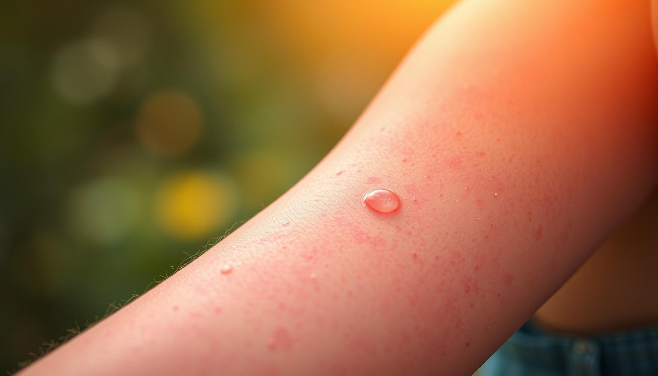 A vibrant close-up of a person's arm, highlighting the symptoms of atopic dermatitis. The skin appears red, inflamed, and covered in a rash with visible itchy lesions. The foreground is sharply in focus, with a soft, blurred background suggesting a soothing, natural setting. Warm, diffused lighting casts a gentle glow, creating a calming, therapeutic atmosphere. The image conveys the discomfort and challenges of this chronic condition, while suggesting the potential for natural, holistic remedies to provide relief.