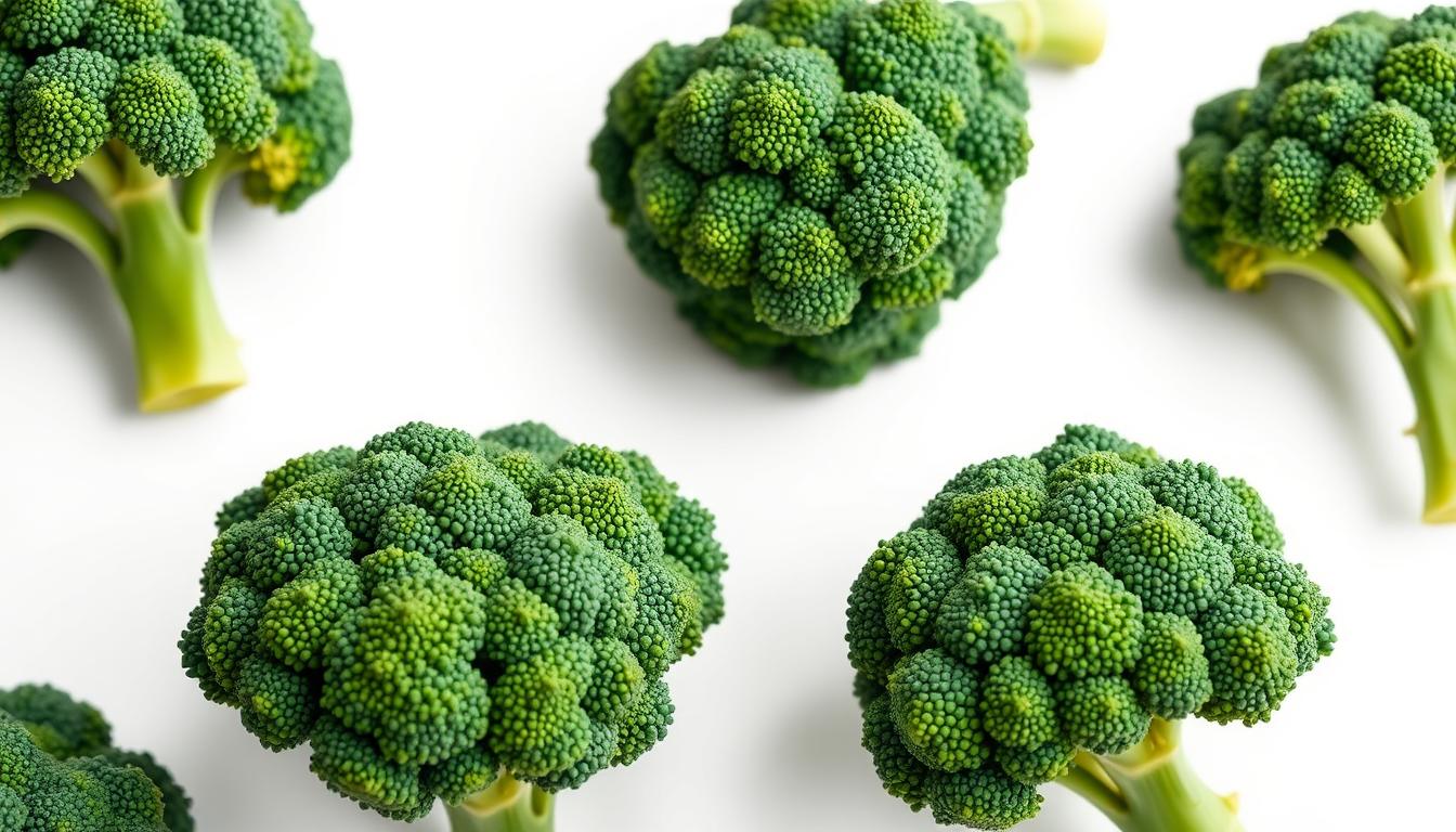 A vibrant, close-up photograph of fresh, green broccoli florets against a clean, white background. The broccoli stalks and tight, dense clusters of tiny buds are sharply in focus, with intricate textures and rich, verdant hues. Soft, directional lighting from the left side casts gentle shadows, emphasizing the dimensional shapes and adding depth. The image has a clean, minimalist aesthetic, allowing the natural beauty and health benefits of this cruciferous vegetable to take center stage.