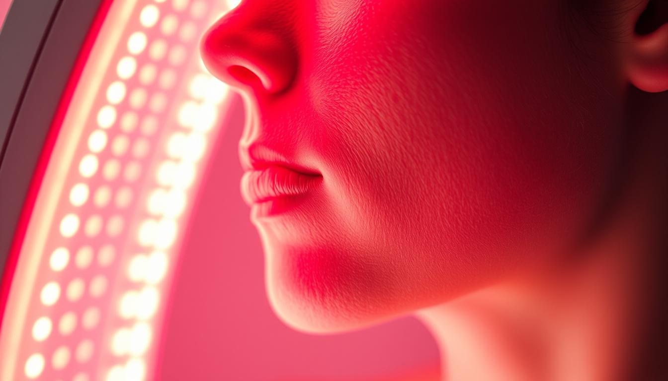 A vibrant, close-up shot of a glowing red light therapy device illuminating the skin with a warm, soothing radiance. The device is positioned at an angle, casting a soft, diffused light that emphasizes the intricate texture and youthful glow of the skin. The background is blurred, allowing the viewer to focus on the skin's surface and the rejuvenating effects of the red light therapy. The lighting is carefully balanced, creating a natural, clinical atmosphere that highlights the skin's collagen production and anti-aging benefits. The overall composition conveys a sense of relaxation and therapeutic efficacy.