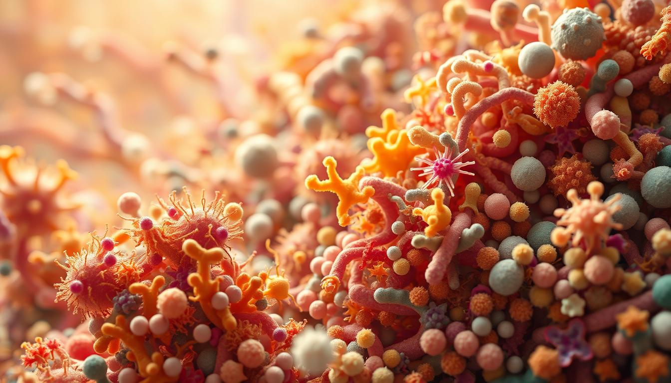 A vibrant, close-up view of the diverse gut microbiome, showcasing a rich ecosystem of bacteria in various shapes, sizes, and colors. The foreground features a cluster of different bacterial colonies, each with its unique morphology and intricate patterns. The middle ground presents a dynamic interplay of these microbial lifeforms, while the background provides a soft, hazy perspective, emphasizing the complexity and interconnectedness of this internal "second brain." The lighting is warm and diffuse, creating a sense of depth and dimensionality, as if the viewer is peering into the intricate world of the gut microbiome. A high-resolution, photorealistic depiction that captures the essential nature of this vital biological system.