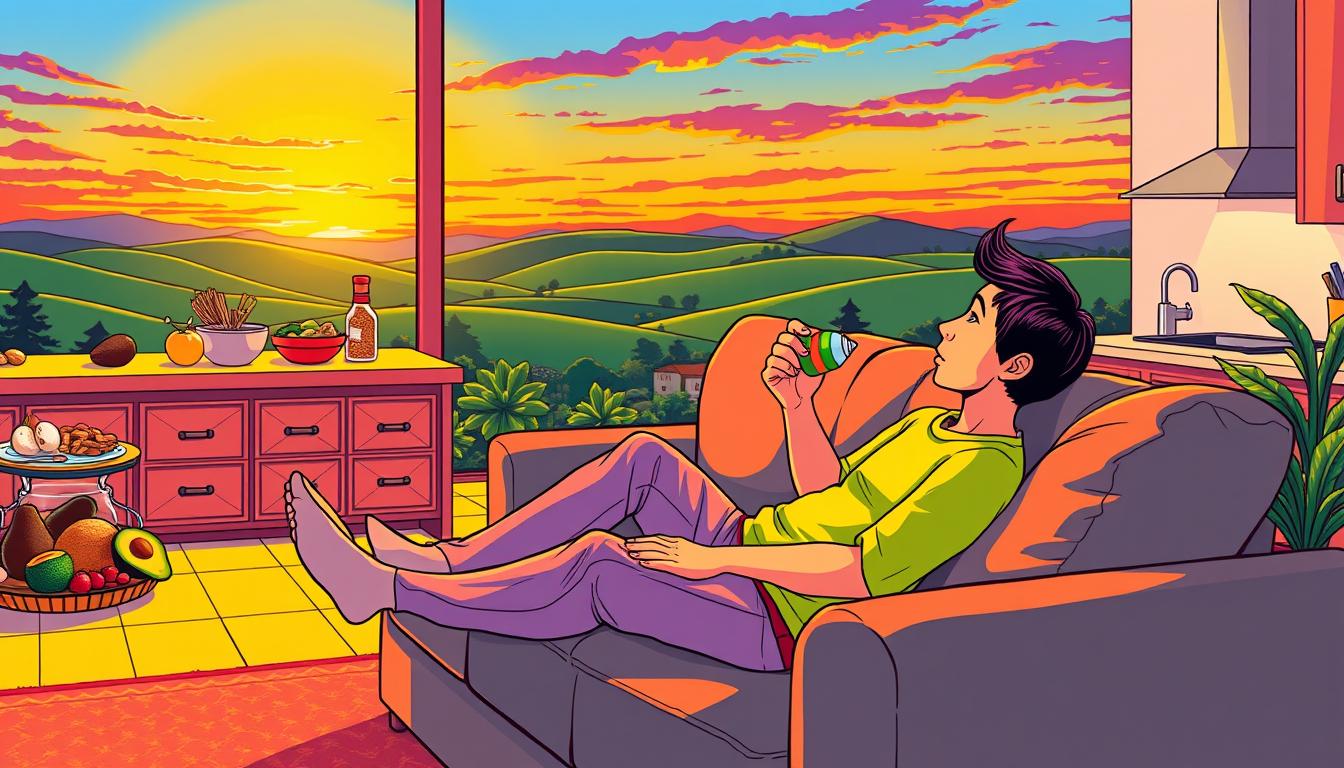 A vibrant, colorful illustration of lazy low carb tips. In the foreground, a relaxed figure lounging on a plush couch, effortlessly snacking on low-carb treats. The middle ground features a tidy kitchen with healthy ingredients like avocados, nuts, and leafy greens. In the background, a serene landscape with rolling hills and a vibrant sunset sky. Soft, warm lighting casts a cozy glow over the scene. The overall mood is one of ease and simplicity, showcasing how low-carb living can be effortless and enjoyable. A vibrant, colorful illustration of lazy low carb tips. In the foreground, a relaxed figure lounging on a plush couch, effortlessly snacking on low-carb treats. The middle ground features a tidy kitchen with healthy ingredients like avocados, nuts, and leafy greens. In the background, a serene landscape with rolling hills and a vibrant sunset sky. Soft, warm lighting casts a cozy glow over the scene. The overall mood is one of ease and simplicity, showcasing how low-carb living can be effortless and enjoyable.