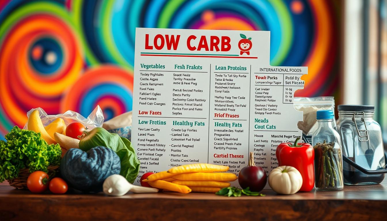 A vibrant, colorful low carb shopping list displayed on a wooden table, illuminated by warm, natural lighting. The list features a variety of fresh vegetables, lean proteins, healthy fats, and low-carb alternatives to common pantry staples. The items are arranged in an inviting, visually appealing way, with the international foods section highlighted prominently. The background features a blurred, swirling pattern of vibrant colors, adding depth and energy to the scene.