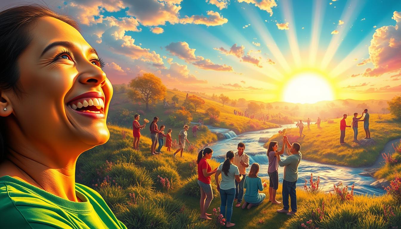 A vibrant, colorful scene depicting the benefits of "helper's high" - the positive emotional and psychological boost experienced from helping others. In the foreground, a person is shown smiling radiantly, their face lit by a warm, golden glow as they assist someone in need. The middle ground features a diverse group of people engaged in various acts of kindness and generosity, their interactions brimming with a sense of connection and fulfillment. In the background, a vibrant, dreamlike landscape unfolds, filled with lush greenery, flowing water, and a sky aglow with a kaleidoscope of colors, symbolizing the profound inner peace and joy that comes from altruistic acts. The overall composition conveys the uplifting, transformative power of helping others and the profound personal benefits it can bring.