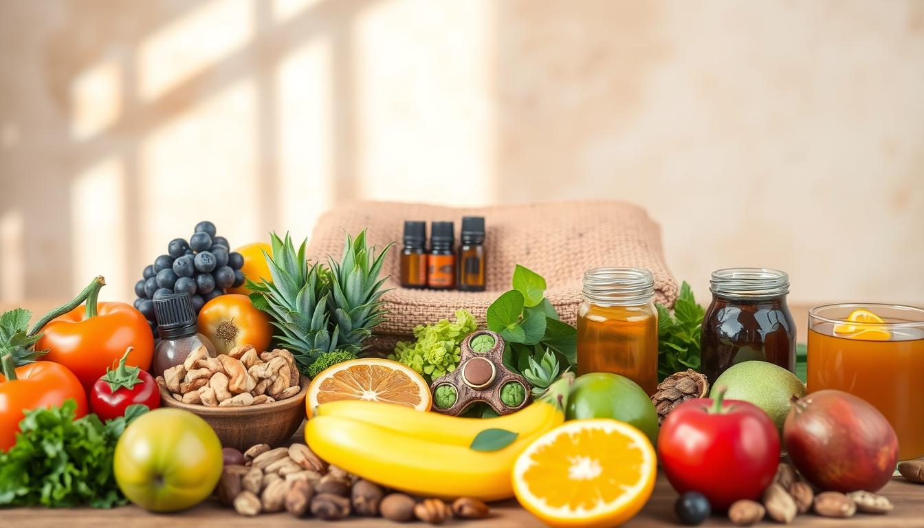 A vibrant, colorful still life scene depicting various healthy, natural alternatives to curb cravings. In the foreground, an array of fresh fruits, vegetables, nuts, and herbal teas arranged artfully. In the middle ground, a set of mindfulness tools like a meditation cushion, essential oils, and a nature-inspired fidget spinner. The background features a serene, earthy tone with a hint of natural light streaming in, creating a calming atmosphere. The overall composition conveys a sense of balance, simplicity, and a holistic approach to overcoming cravings without relying solely on willpower.