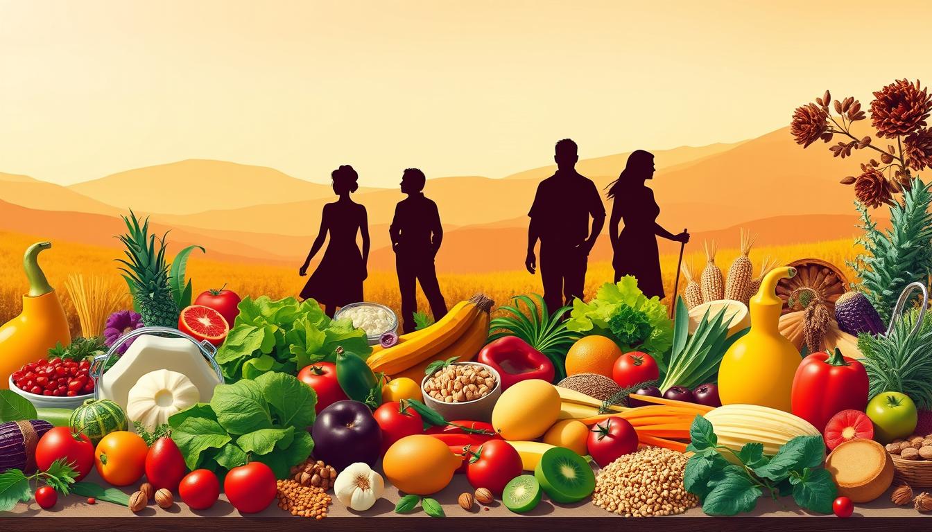 A vibrant comparison of anti-aging diets, captured in a beautifully lit, stylized illustration. In the foreground, a diverse array of nutritious ingredients - superfoods, greens, fruits, and whole grains - are artfully arranged, representing the core components of longevity-focused diets. In the middle ground, silhouettes of people in various stages of life, each embodying the benefits of these diets. The background features a warm, golden-hued landscape, evoking a sense of vitality and timelessness. The composition is balanced, the colors are rich and vibrant, and the overall mood is one of health, wellness, and the promise of a long, fulfilling life. A vibrant comparison of anti-aging diets, captured in a beautifully lit, stylized illustration. In the foreground, a diverse array of nutritious ingredients - superfoods, greens, fruits, and whole grains - are artfully arranged, representing the core components of longevity-focused diets. In the middle ground, silhouettes of people in various stages of life, each embodying the benefits of these diets. The background features a warm, golden-hued landscape, evoking a sense of vitality and timelessness. The composition is balanced, the colors are rich and vibrant, and the overall mood is one of health, wellness, and the promise of a long, fulfilling life.