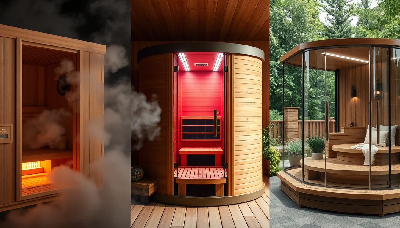 A vibrant comparison of diverse sauna types, showcasing their unique features and benefits. In the foreground, a traditional wood-fired sauna with its rustic charm, steam billowing around a serene interior. In the middle ground, a sleek, modern infrared sauna, its radiant panels emitting soothing warmth. In the background, a chic, glass-enclosed spa sauna, its elegant design complementing the lush, natural surroundings. Crisp, high-contrast lighting accentuates the textures and materials, creating a visually captivating and informative display of the various sauna modalities and their therapeutic qualities.