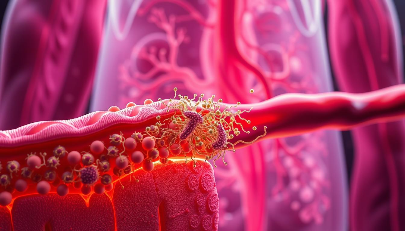 A vibrant cross-section depicting the intricate process of microbial translocation into the bloodstream. In the foreground, a highly detailed representation of gut bacteria breaching the intestinal barrier, their intricate structures and motions vividly rendered. The middle ground showcases the dynamic interplay as the microbes enter the bloodstream, with a sense of movement and flow. In the background, a richly textured, subtly illuminated rendering of the circulatory system, capturing the complexity of the human body. The entire scene is imbued with a sense of scientific wonder and the delicate balance of the gut-blood interface.