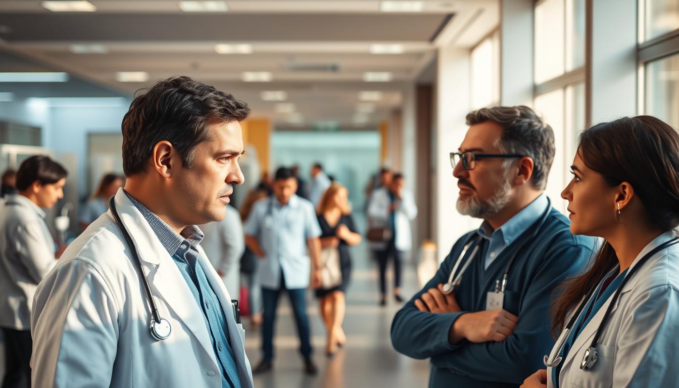 A vibrant debate unfolding within a modern healthcare setting. In the foreground, two medical professionals stand opposite each other, expressions intense as they argue their positions on homeopathic treatments. The middle ground is a bustling clinic, patients and staff navigating the space, creating a sense of ongoing activity and discourse. The background is bathed in warm, natural lighting, suggesting an atmosphere of openness and transparency. The scene captures the dynamic, multi-faceted nature of the homeopathy debate, with both sides passionately making their case amidst the real-world context of a healthcare environment.