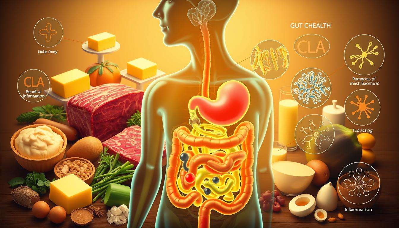 A vibrant, detailed illustration depicting the gut health benefits of CLA (Conjugated Linoleic Acid). In the foreground, a human digestive system with a healthy, balanced gut microbiome is prominently displayed. Surrounding it, various food items rich in CLA, such as butter, beef, and dairy products, are arranged in a visually appealing composition. The middle ground features microscopic representations of the positive effects of CLA on gut flora, including the promotion of beneficial bacteria and the reduction of inflammation. In the background, a warm, earthy color palette with subtle lighting conveys a sense of natural wellness and vitality.