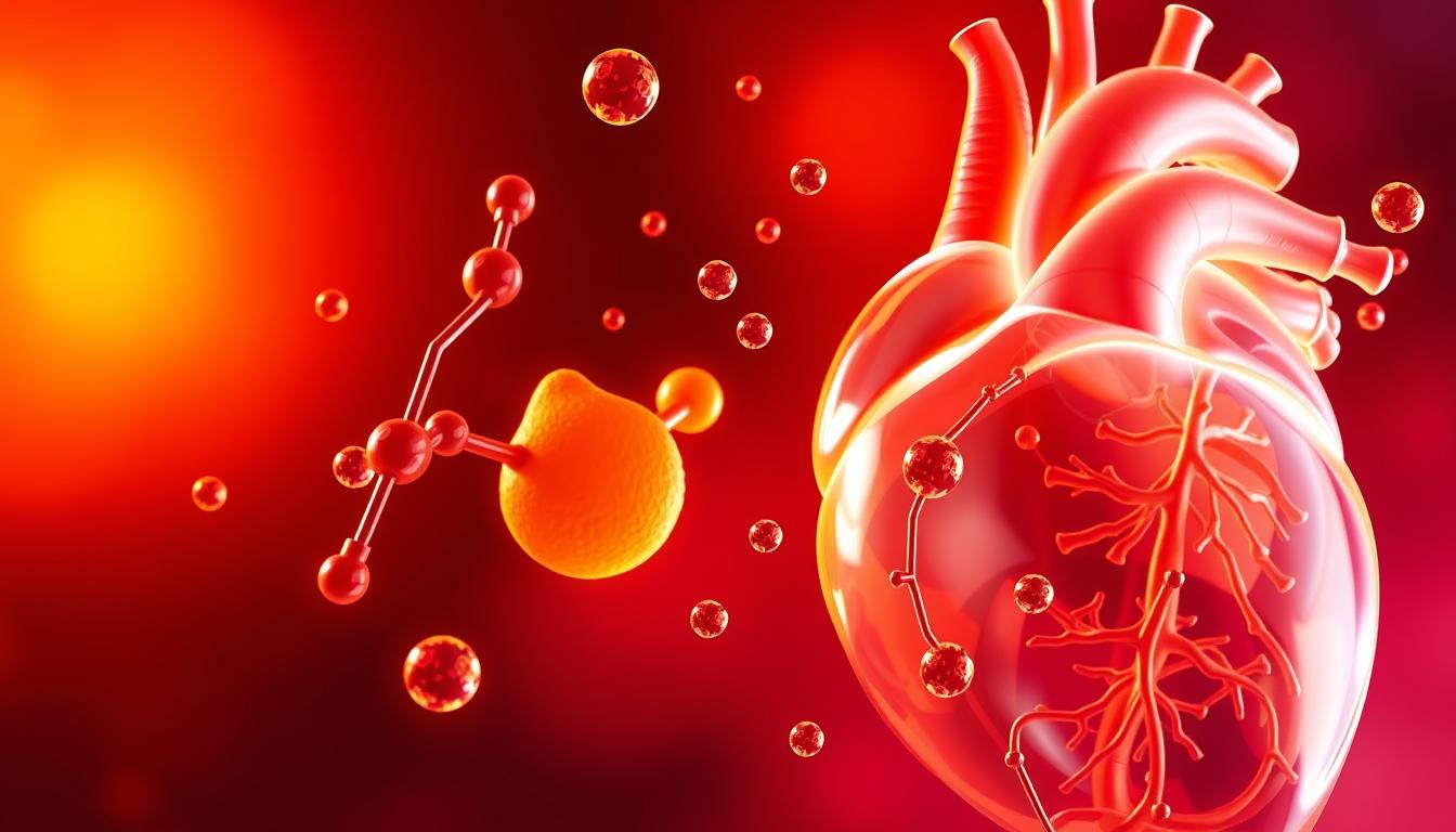A vibrant, detailed illustration depicting the relationship between saturated fats and cholesterol levels. In the foreground, a large, translucent human heart is prominently displayed, with various cholesterol molecules and saturated fat particles swirling around it. The middle ground showcases a molecular structure of a saturated fat molecule, highlighted in warm, rich colors. In the background, a gradient of deep reds and oranges creates a sense of intensity and importance, emphasizing the vital role of these nutrients in human health. The overall composition conveys a scientific, yet visually engaging, exploration of the impact of saturated fats on cardiovascular well-being.