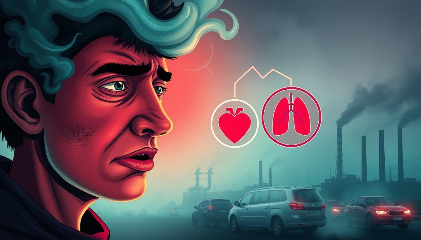 A vibrant, detailed illustration depicting the symptoms and health risks associated with air pollution exposure. In the foreground, a person's face shows signs of respiratory distress, with reddened eyes, a runny nose, and labored breathing. Wispy tendrils of polluted air swirl around the subject's head, conveying the unseen toxins affecting their well-being. In the middle ground, a series of medical icons - a coughing symbol, a heart, and lungs - highlight the cardiovascular and pulmonary impacts of poor air quality. The background features a hazy, smog-filled cityscape, with towering smokestacks and vehicles emitting plumes of exhaust, creating an ominous and threatening atmosphere. The lighting is dramatic, with a cool, sickly-green hue casting an ominous glow over the scene, emphasizing the gravity of the health risks posed by air pollution.