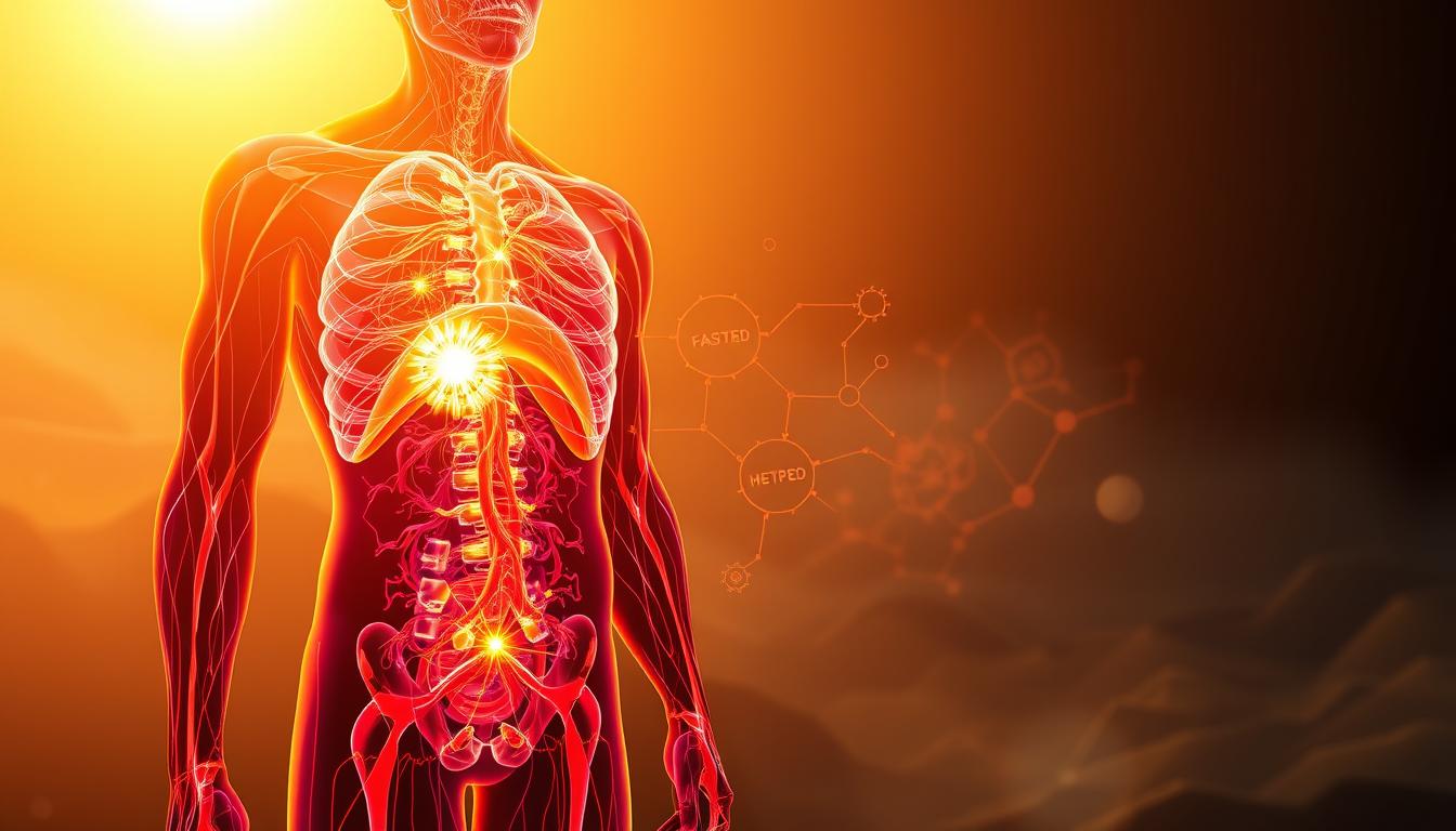 A vibrant, detailed illustration of the human metabolic process during intermittent fasting. In the foreground, a stylized human figure with glowing veins and a radiating core, representing the body's increased fat-burning and energy production. In the middle ground, a series of interconnected biological processes and metabolic pathways, visualized through dynamic, abstract shapes and colors. In the background, a hazy, ethereal landscape that evokes the sense of transformation and renewal associated with fasting. Lit by a warm, golden light that casts dramatic shadows, creating a sense of depth and drama. Captured with a wide-angle lens to convey the complexity and scale of the metabolic mechanisms at work.