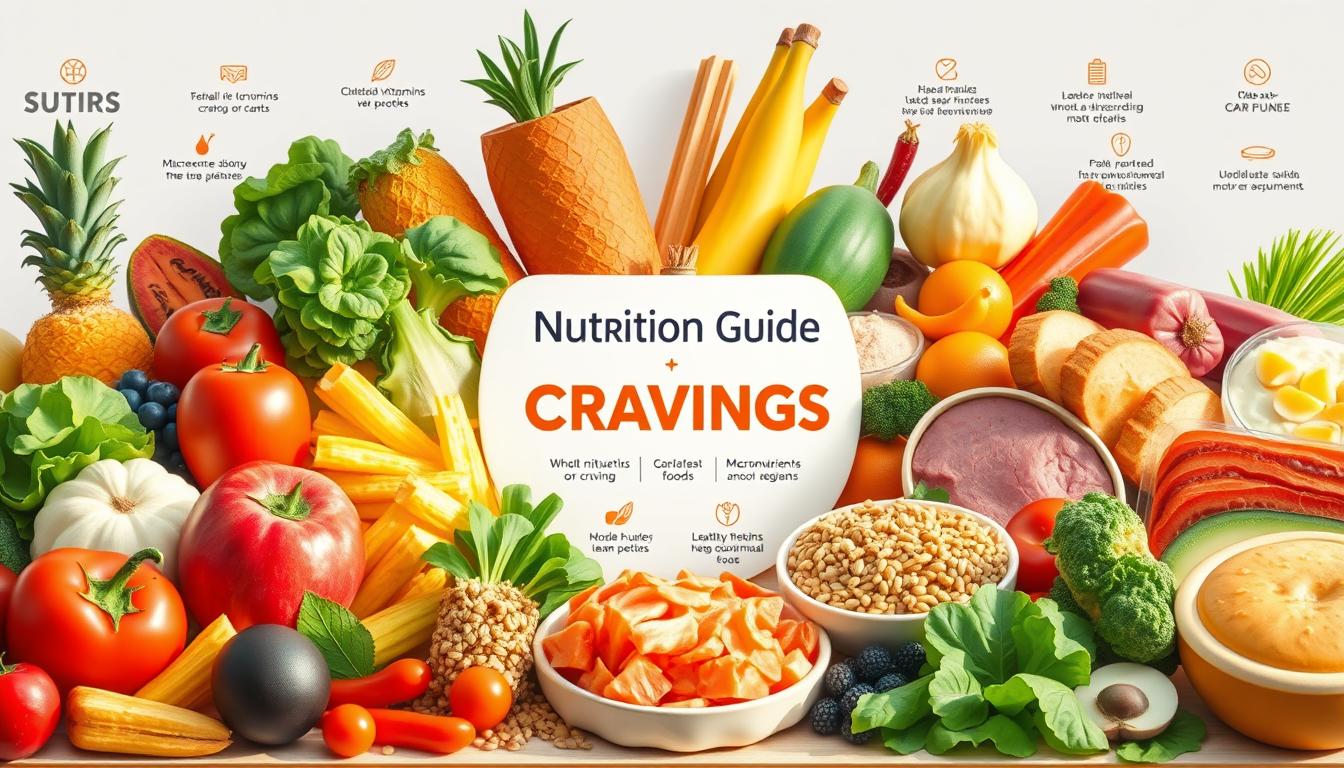 A vibrant, detailed illustration showcasing a "Nutrition Guide for Cravings". In the foreground, an assortment of whole, nutritious foods - fresh fruits, vegetables, whole grains, lean proteins, and healthy fats - arranged in an appealing, appetizing manner. In the middle ground, a central focus point highlighting the key nutritional components that address common cravings, such as minerals, vitamins, and macronutrients. The background features a clean, modern design with subtle infographic-style elements that convey the informative nature of the guide. Warm, natural lighting casts a welcoming glow over the scene, inviting the viewer to explore the nutritional solutions for satisfying cravings in a healthy, balanced way. A vibrant, detailed illustration showcasing a "Nutrition Guide for Cravings". In the foreground, an assortment of whole, nutritious foods - fresh fruits, vegetables, whole grains, lean proteins, and healthy fats - arranged in an appealing, appetizing manner. In the middle ground, a central focus point highlighting the key nutritional components that address common cravings, such as minerals, vitamins, and macronutrients. The background features a clean, modern design with subtle infographic-style elements that convey the informative nature of the guide. Warm, natural lighting casts a welcoming glow over the scene, inviting the viewer to explore the nutritional solutions for satisfying cravings in a healthy, balanced way.