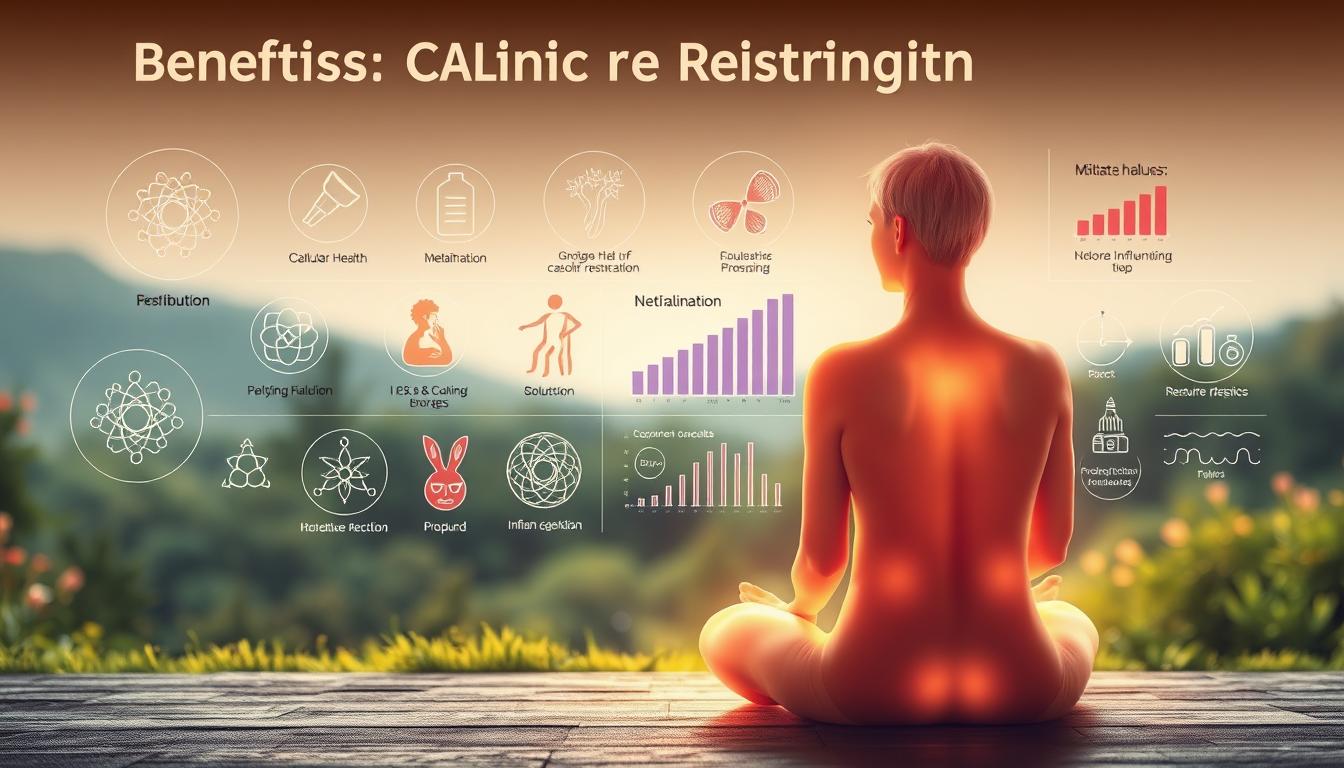 A vibrant, detailed illustration showcasing the benefits of caloric restriction. In the foreground, a healthy, glowing person sits in a meditative pose, their body radiating a sense of vitality and longevity. In the middle ground, various scientific icons and graphs depict the positive effects of caloric restriction on factors like cellular health, metabolism, and inflammation. The background features a serene, natural landscape with lush greenery, subtle lighting, and a calming atmosphere, conveying the holistic, wellness-focused approach. Captured with a warm, soft-focus lens, the image exudes a sense of balance, clarity, and the profound impact of this lifestyle practice. A vibrant, detailed illustration showcasing the benefits of caloric restriction. In the foreground, a healthy, glowing person sits in a meditative pose, their body radiating a sense of vitality and longevity. In the middle ground, various scientific icons and graphs depict the positive effects of caloric restriction on factors like cellular health, metabolism, and inflammation. The background features a serene, natural landscape with lush greenery, subtle lighting, and a calming atmosphere, conveying the holistic, wellness-focused approach. Captured with a warm, soft-focus lens, the image exudes a sense of balance, clarity, and the profound impact of this lifestyle practice.