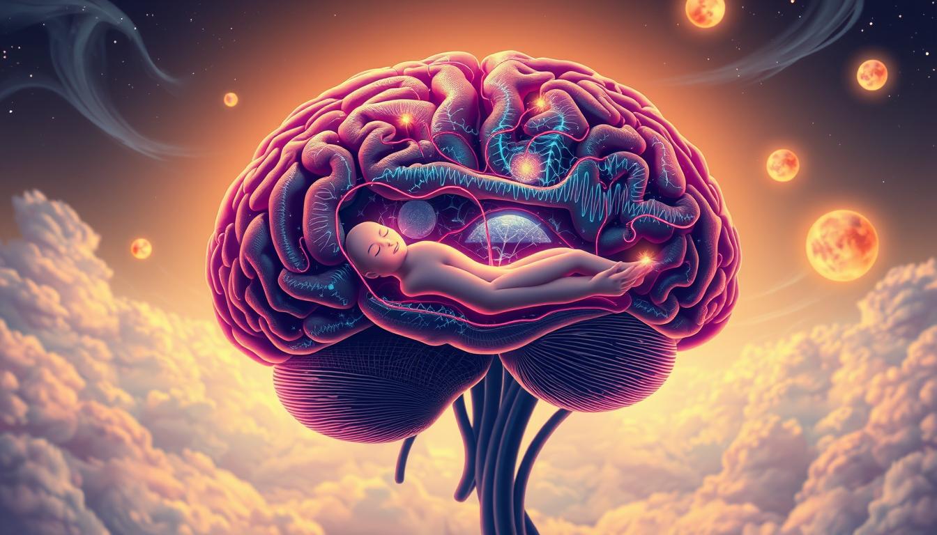 A vibrant digital illustration depicting the intricate workings of the human brain during sleep. The foreground showcases a cross-section of the brain, its neural pathways pulsing with activity, while the middle ground features a serene sleeping figure, their brainwaves visualized as a shimmering display. The background is a dreamlike landscape, with wispy clouds and glowing celestial orbs, representing the depth and complexity of the subconscious mind. The scene is illuminated by a warm, diffused light, creating a sense of tranquility and wonder. Attention to anatomical detail, coupled with a touch of surreal imagination, conveys the vital role of sleep in maintaining optimal brain function and emotional well-being.