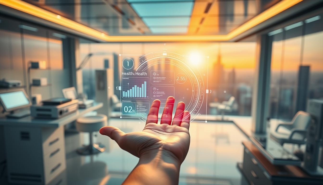 A vibrant, digitally-rendered scene depicting the future of personalized health. In the foreground, a holographic health dashboard hovers over a person's palm, displaying customized data and recommendations. Surrounding them, a minimalist medical facility with sleek, high-tech equipment. In the background, a panoramic view of a futuristic city skyline, bathed in warm, natural lighting. The overall atmosphere conveys a sense of empowerment and progress in the field of personalized, preventative healthcare.