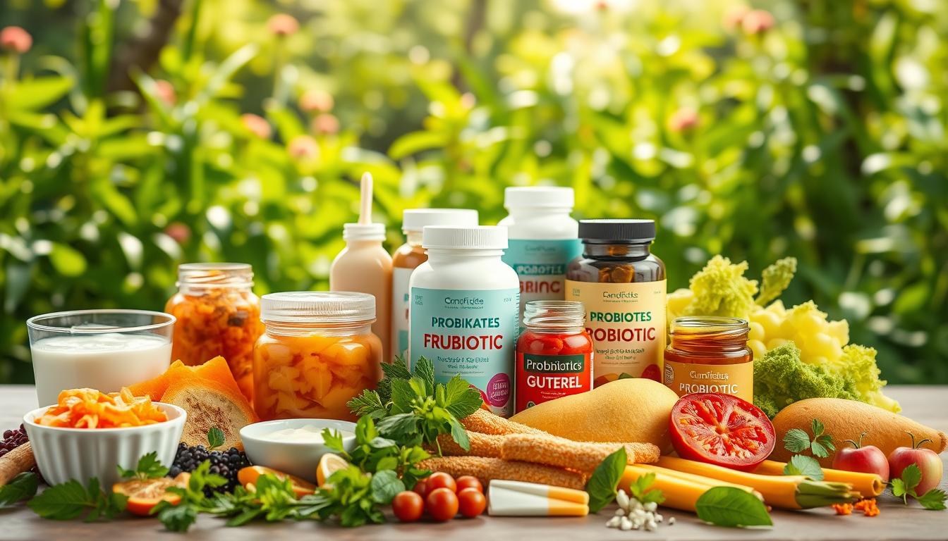 A vibrant display of gut health-promoting probiotics. In the foreground, an assortment of colorful probiotic-rich foods - yogurt, kefir, sauerkraut, and kimchi, arranged in a visually appealing manner. In the middle ground, a selection of probiotic supplement bottles, their labels showcasing the strains they contain. The background features a lush, verdant backdrop, representing the thriving ecosystem of the gut microbiome. Soft, natural lighting illuminates the scene, creating a sense of warmth and vitality. The overall composition conveys the importance of nourishing the gut with a variety of probiotic sources for optimal health and performance.