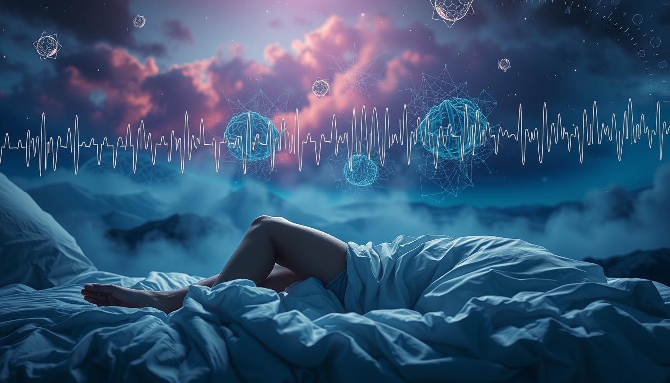 A vibrant dreamscape of sleep stages, where restless REM and deep NREM intertwine. In the foreground, a figure tossing and turning, their body wracked by the primal urge to indulge. In the middle ground, swirling patterns of brainwaves and neural pathways, pulsing with the rhythm of the subconscious. The background, a hazy landscape of night skies and twilight hues, evoking the mysterious realm of the unconscious. Soft, diffused lighting casts an ethereal glow, heightening the sense of tension between the conscious and the subconscious. The overall composition conveys the delicate struggle for control over one's primal cravings, as the mind navigates the treacherous terrain of sleep and wakefulness. A vibrant dreamscape of sleep stages, where restless REM and deep NREM intertwine. In the foreground, a figure tossing and turning, their body wracked by the primal urge to indulge. In the middle ground, swirling patterns of brainwaves and neural pathways, pulsing with the rhythm of the subconscious. The background, a hazy landscape of night skies and twilight hues, evoking the mysterious realm of the unconscious. Soft, diffused lighting casts an ethereal glow, heightening the sense of tension between the conscious and the subconscious. The overall composition conveys the delicate struggle for control over one's primal cravings, as the mind navigates the treacherous terrain of sleep and wakefulness.