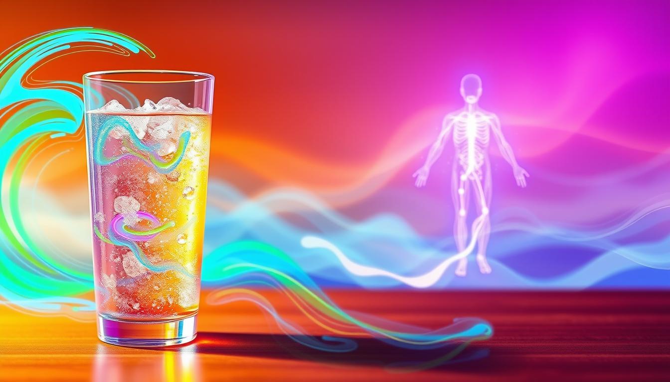 A vibrant, dynamic illustration of electrolyte management during intermittent fasting. In the foreground, a transparent glass filled with a fizzing, electrolyte-infused beverage, surrounded by a swirling palette of bright blues, greens, and purples. The middle ground features an abstract representation of the human body, with glowing, neon-colored pathways representing the flow of essential minerals and ions. In the background, a hazy, dreamlike landscape of undulating shapes and gradients, evoking the physiological processes at work during periods of fasting. Soft, diffused lighting casts a warm, contemplative atmosphere over the entire scene, emphasizing the importance of electrolyte balance in optimizing the benefits of intermittent fasting.