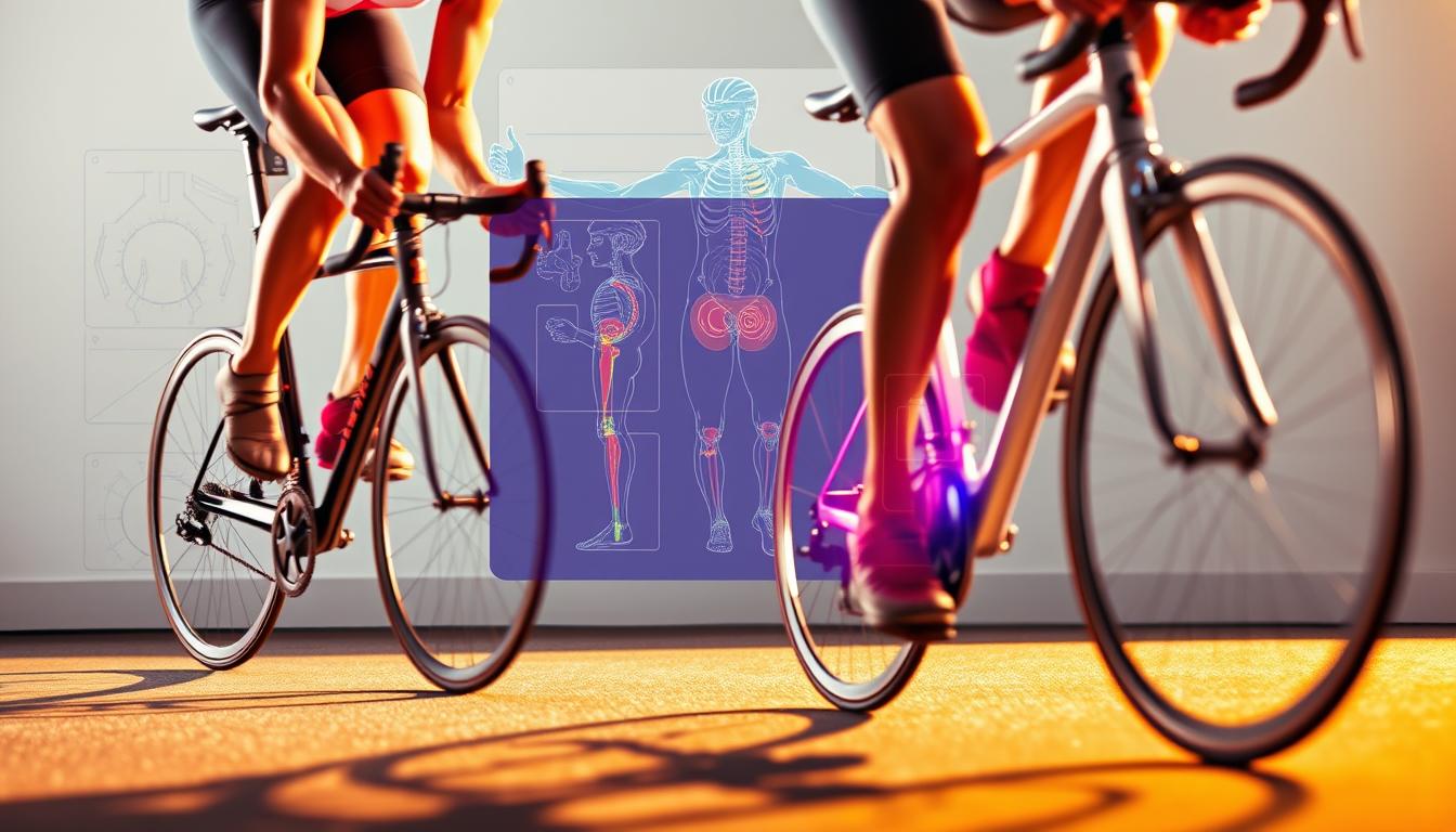 A vibrant, dynamic scene depicting a comparative joint impact analysis of cycling on pavement versus a treadmill. In the foreground, a cyclist's legs power through the motion, their muscles straining against the resistance. In the middle ground, transparent overlays show the joint articulation and impact forces at play, highlighting the differences between the two environments. The background frames this with a minimalist, technical illustration of the biomechanics involved, creating a sense of scientific study and exploration. Warm, directional lighting casts dramatic shadows, heightening the sense of kinetic energy and analytical focus.
