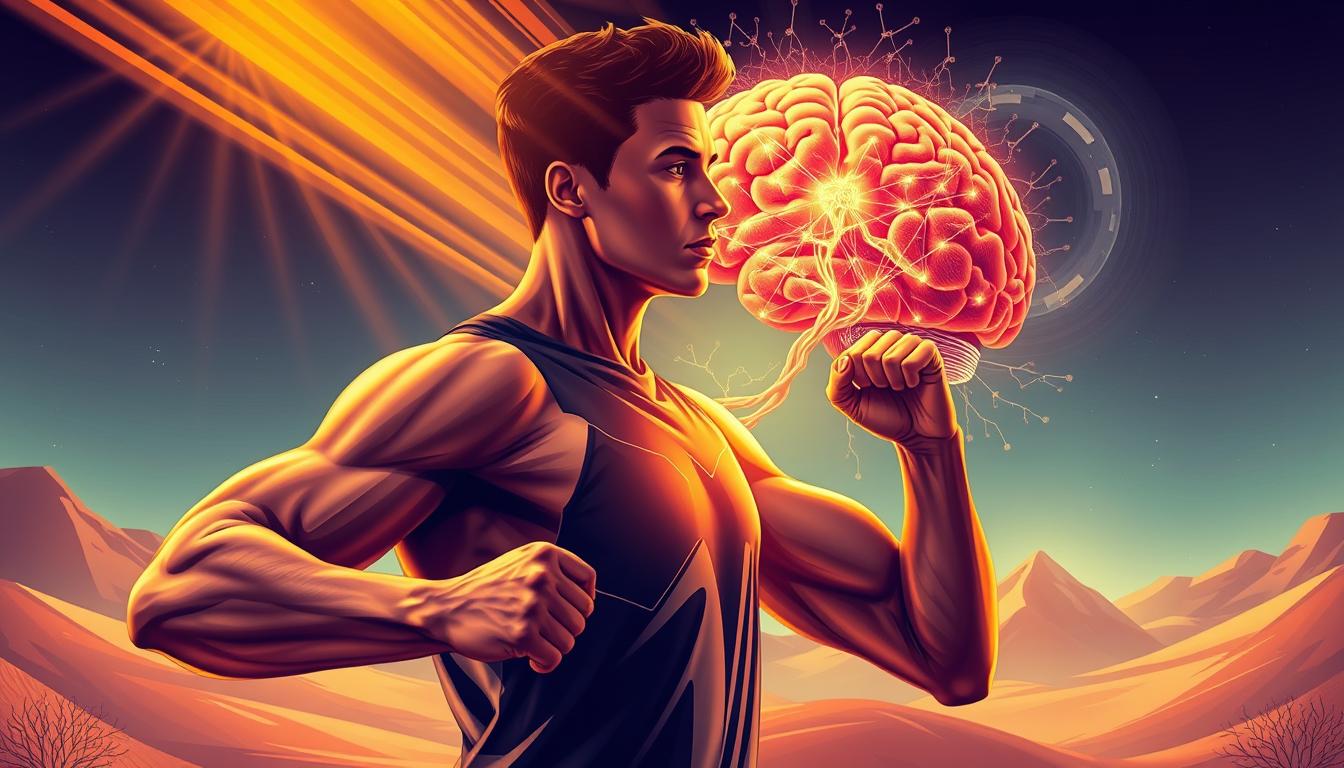 A vibrant, dynamic scene depicting the connection between exercise and brain function. In the foreground, a person engages in a vigorous workout, their muscles flexing with energy. Rays of warm, golden light illuminate their determined expression, conveying a sense of mental focus and clarity. In the middle ground, the brain is depicted as a pulsing, glowing orb, its neural networks firing and intertwining with the movements of the body. The background features a stylized, abstract landscape, with swirling patterns and shapes that suggest the complex interplay between physical activity and cognitive processes. The overall composition evokes a harmonious balance between the body and the mind, highlighting the profound impact that regular exercise can have on brain health and function.